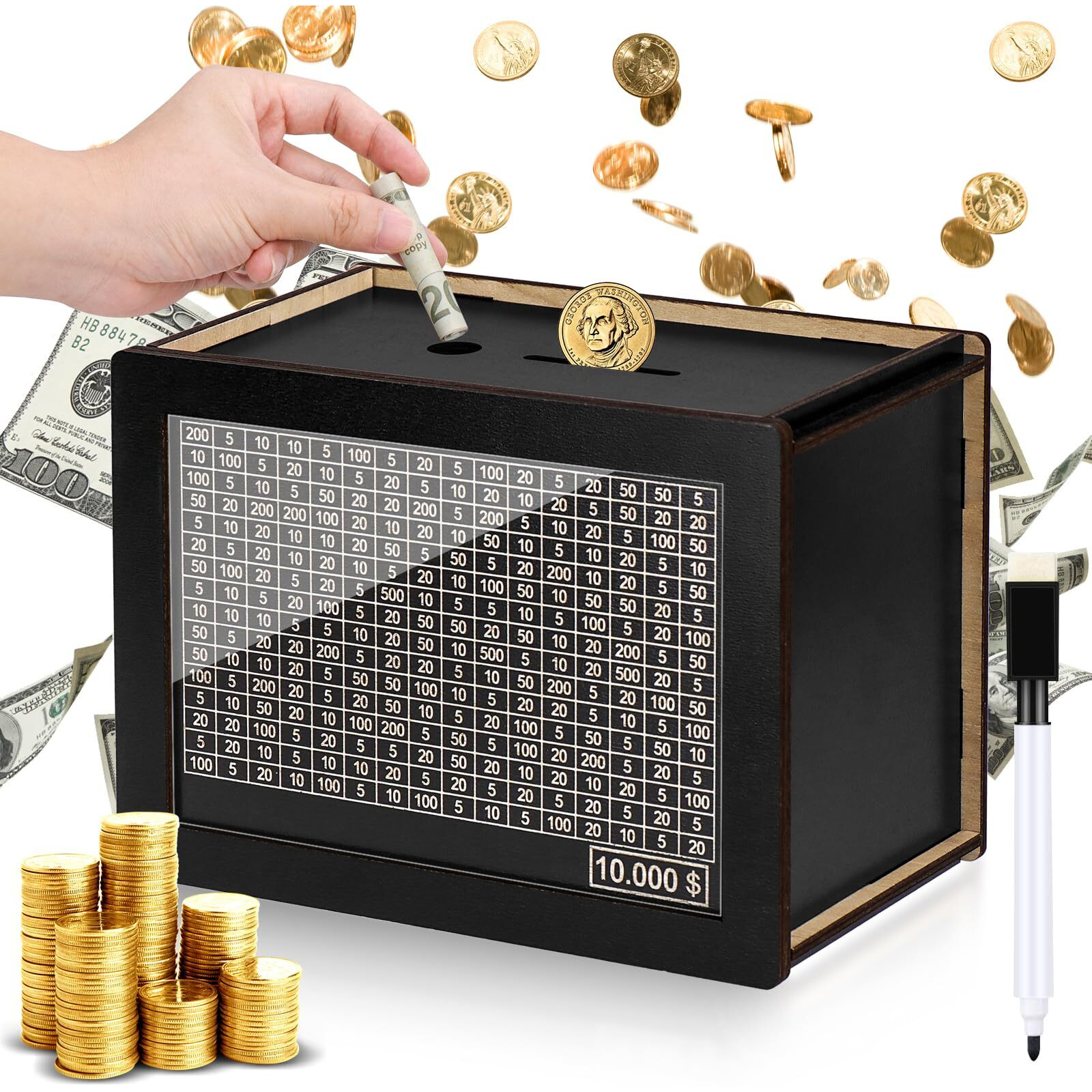 Homgaty Wooden Money Box For Cash 10000  Plus Size 10000 Savings Challenge Box  Reusable Kakeibo Money Saving Box With 10K Saving Goal  Cash Vault Wooden Savings Box For Adults Kids Boy Girls