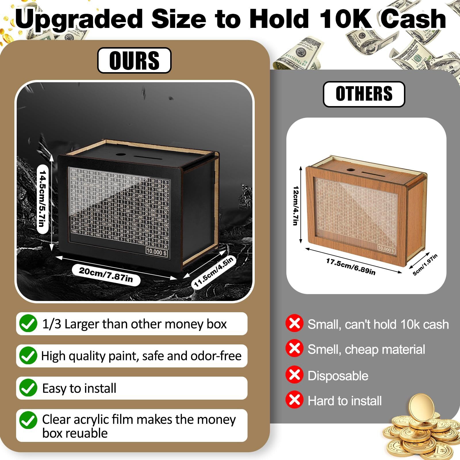 Homgaty Wooden Money Box For Cash 10000  Plus Size 10000 Savings Challenge Box  Reusable Kakeibo Money Saving Box With 10K Saving Goal  Cash Vault Wooden Savings Box For Adults Kids Boy Girls