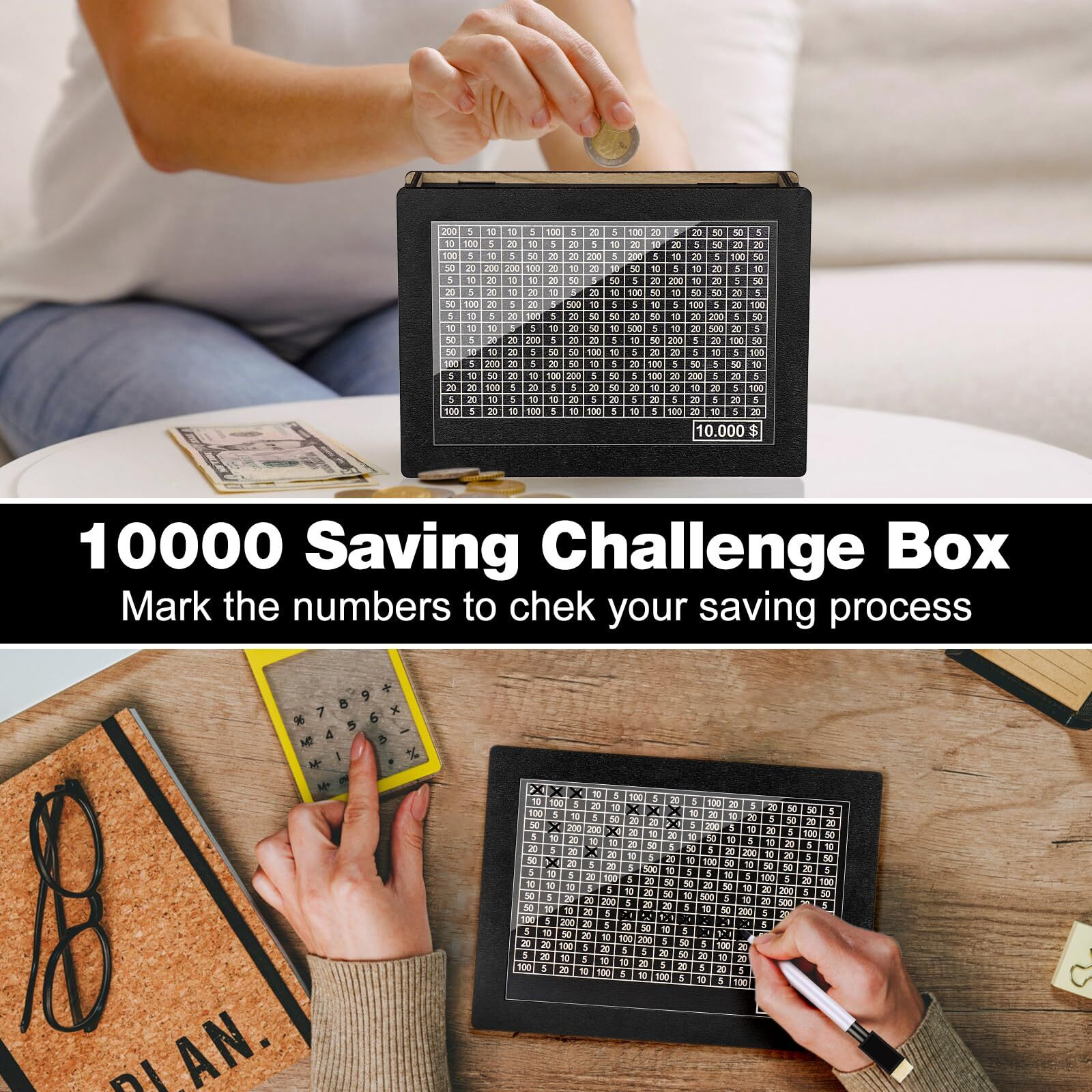 Homgaty Wooden Money Box For Cash 10000  Plus Size 10000 Savings Challenge Box  Reusable Kakeibo Money Saving Box With 10K Saving Goal  Cash Vault Wooden Savings Box For Adults Kids Boy Girls