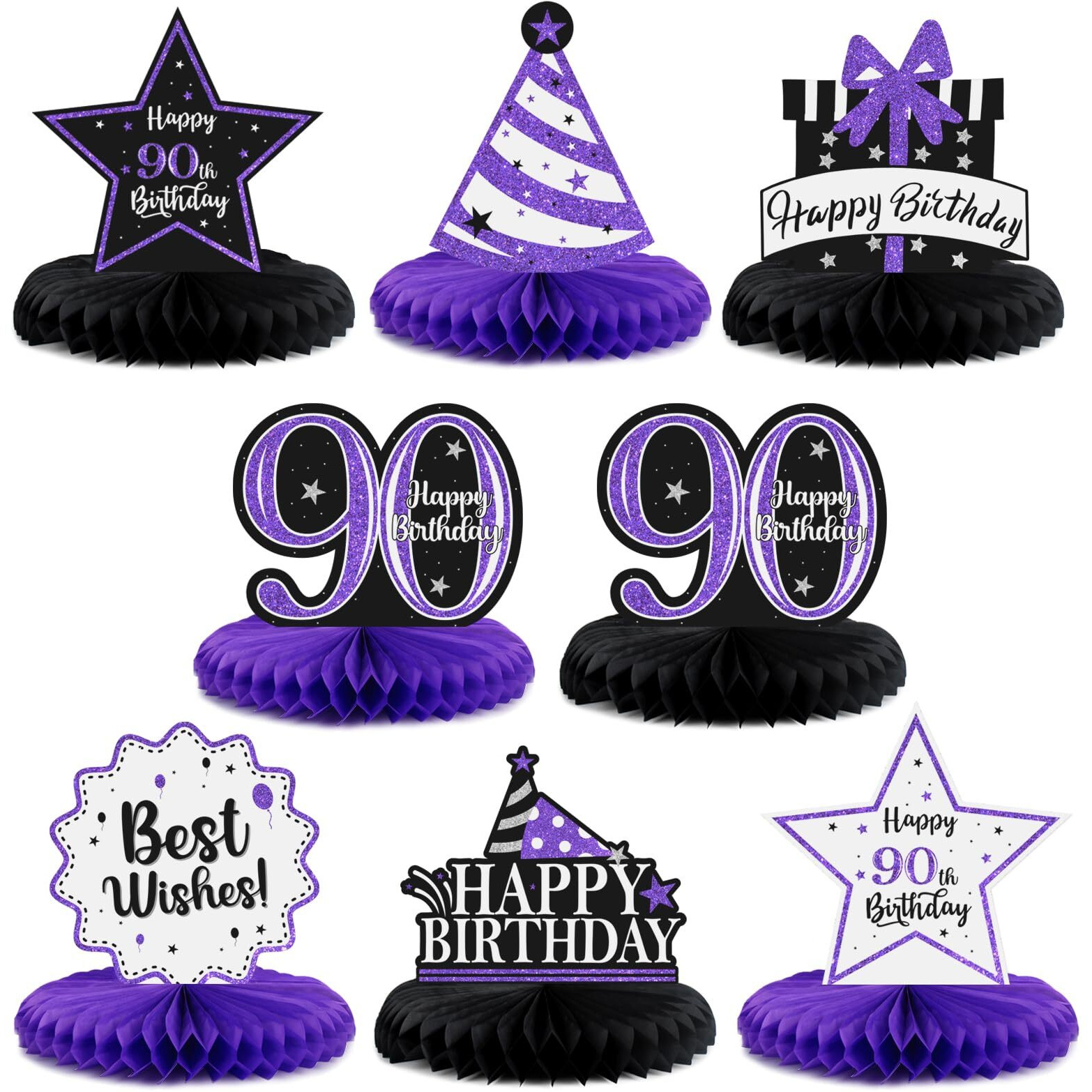 Laskyer Happy 90Th Birthday Party Decorations  Glitter Shiny Honeycomb Table Centerpieces Ninety Years Old Birthday Party Photoprop Sign. - Purple Glitter