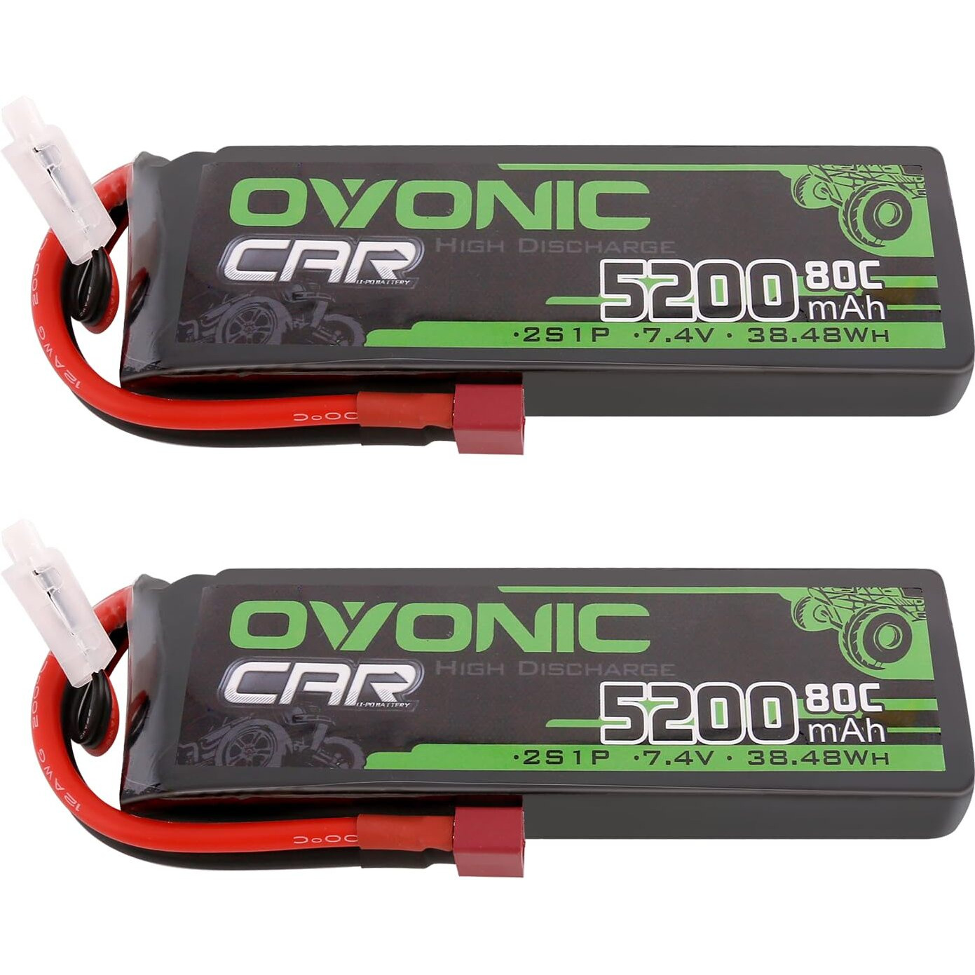Ovonic 7.4V 2S Lipo Battery 5200Mah 80C Hard Case Battery Deans T Plug With Housing For 1/8 1/10 Rc Vehicles Car Slash Rc Buggy Truggy Rc Airplane Uav Drone Fpv(2 Pack)