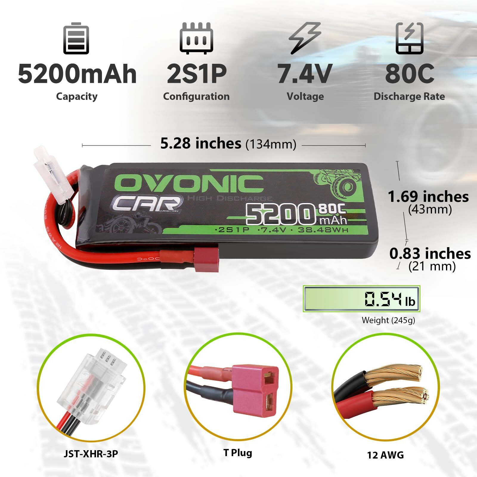 Ovonic 7.4V 2S Lipo Battery 5200Mah 80C Hard Case Battery Deans T Plug With Housing For 1/8 1/10 Rc Vehicles Car Slash Rc Buggy Truggy Rc Airplane Uav Drone Fpv(2 Pack)