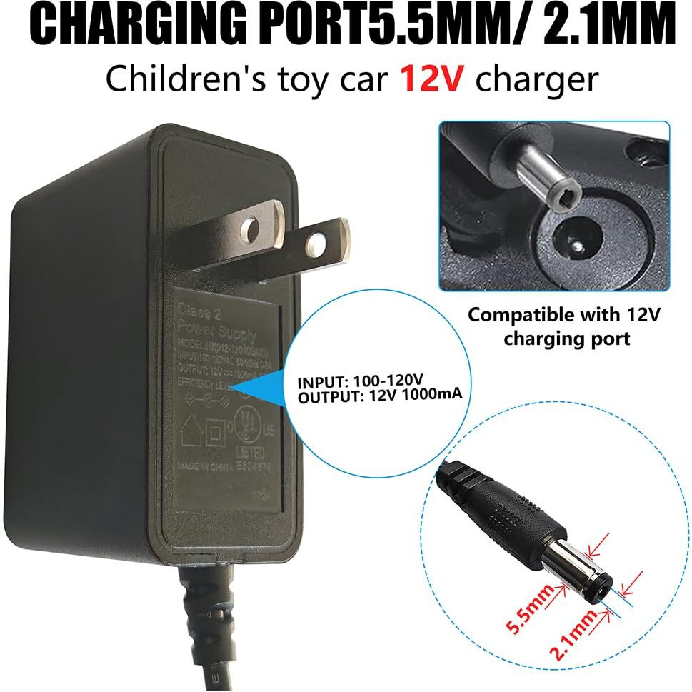 12V Battery Charger For Ride On Toys Car  Universal 12 Volt Battery Charger Class 2 Power Supply  Upgraded 12V Charger For Kids Electric Car Ride On Car For Best Choice  Wrangler  Kid Trax
