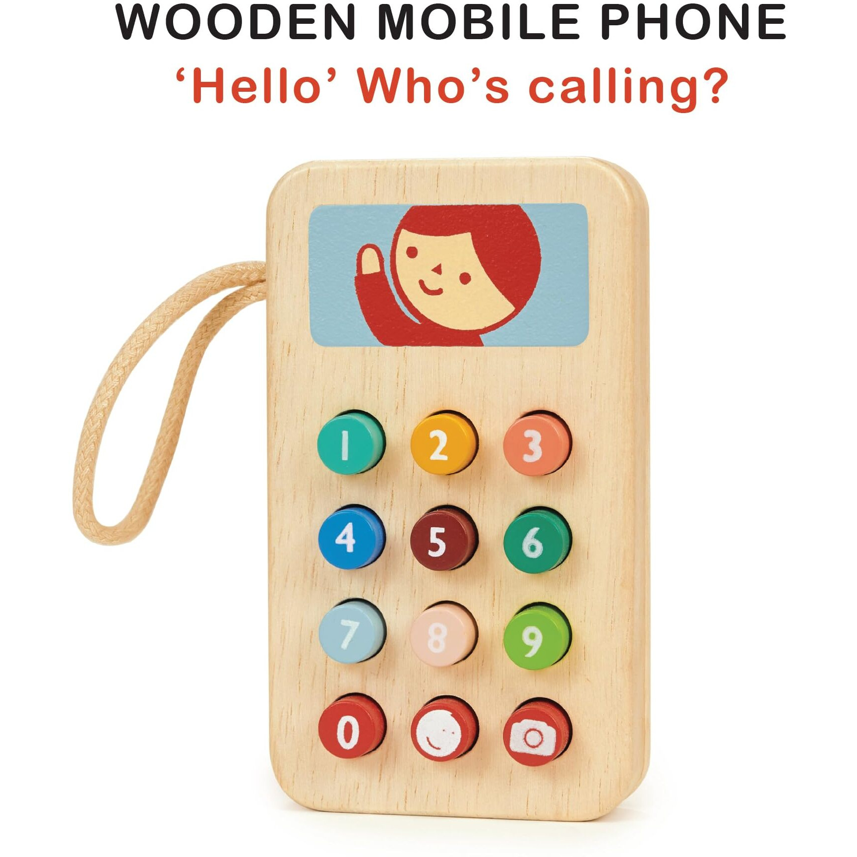 Mentari Toys - Mobile Phone - Solid Wood Phone With Squishy Buttons For Toddlers - Pretend Play Toy Cell Phone - Boost Communication Skills And Language Development - Age 2+
