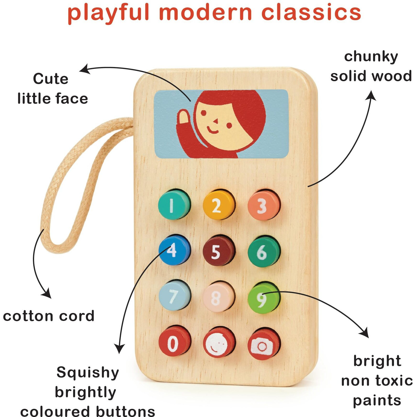 Mentari Toys - Mobile Phone - Solid Wood Phone With Squishy Buttons For Toddlers - Pretend Play Toy Cell Phone - Boost Communication Skills And Language Development - Age 2+