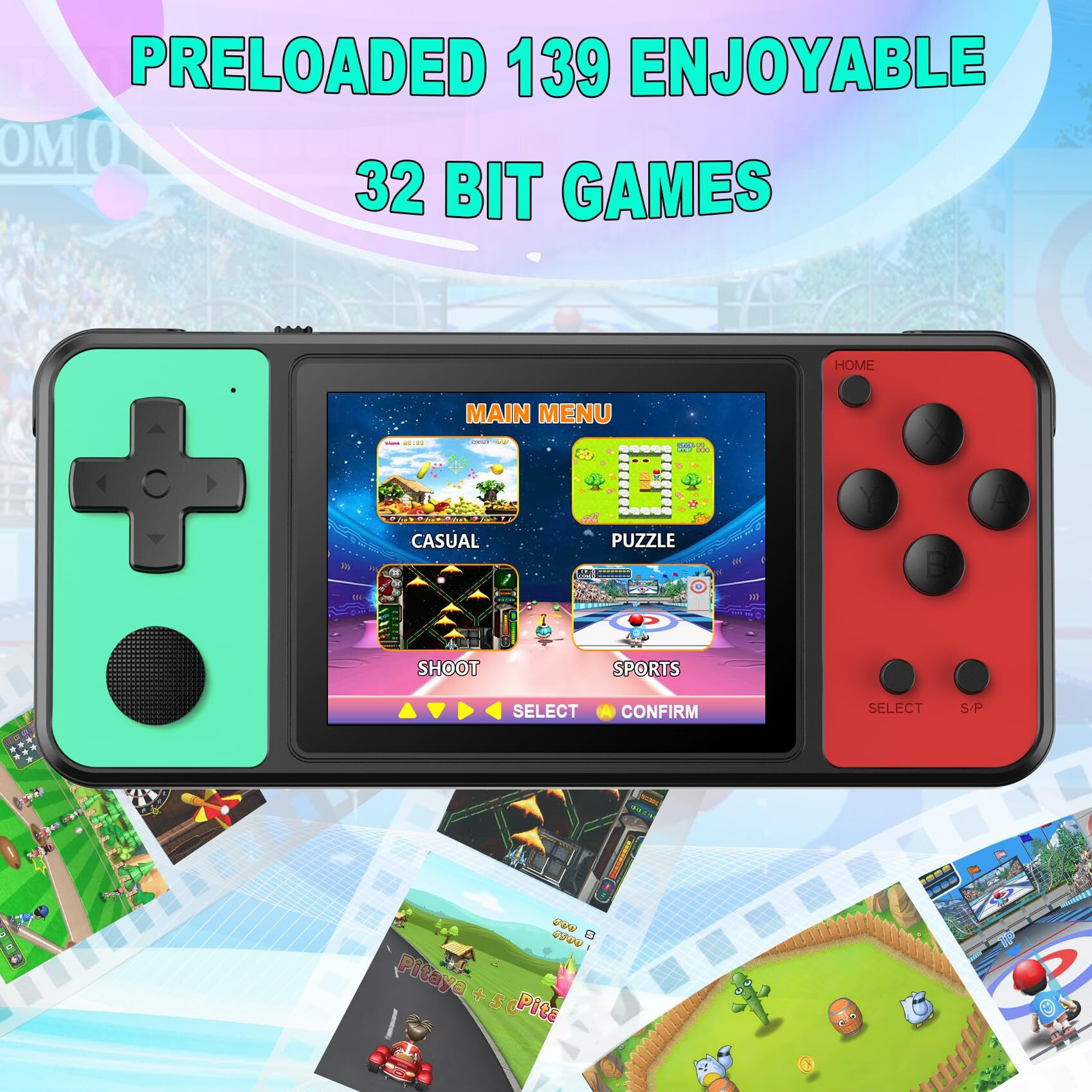 Kavoyi 32 Bit Handheld Games For Kids Built-In 139 Video Games 3.0"" Ips Screen Rechargeable Portable Arcade Gaming Player Electronic Toys For Boys Girls Birthday Xmas Gift Green-Red