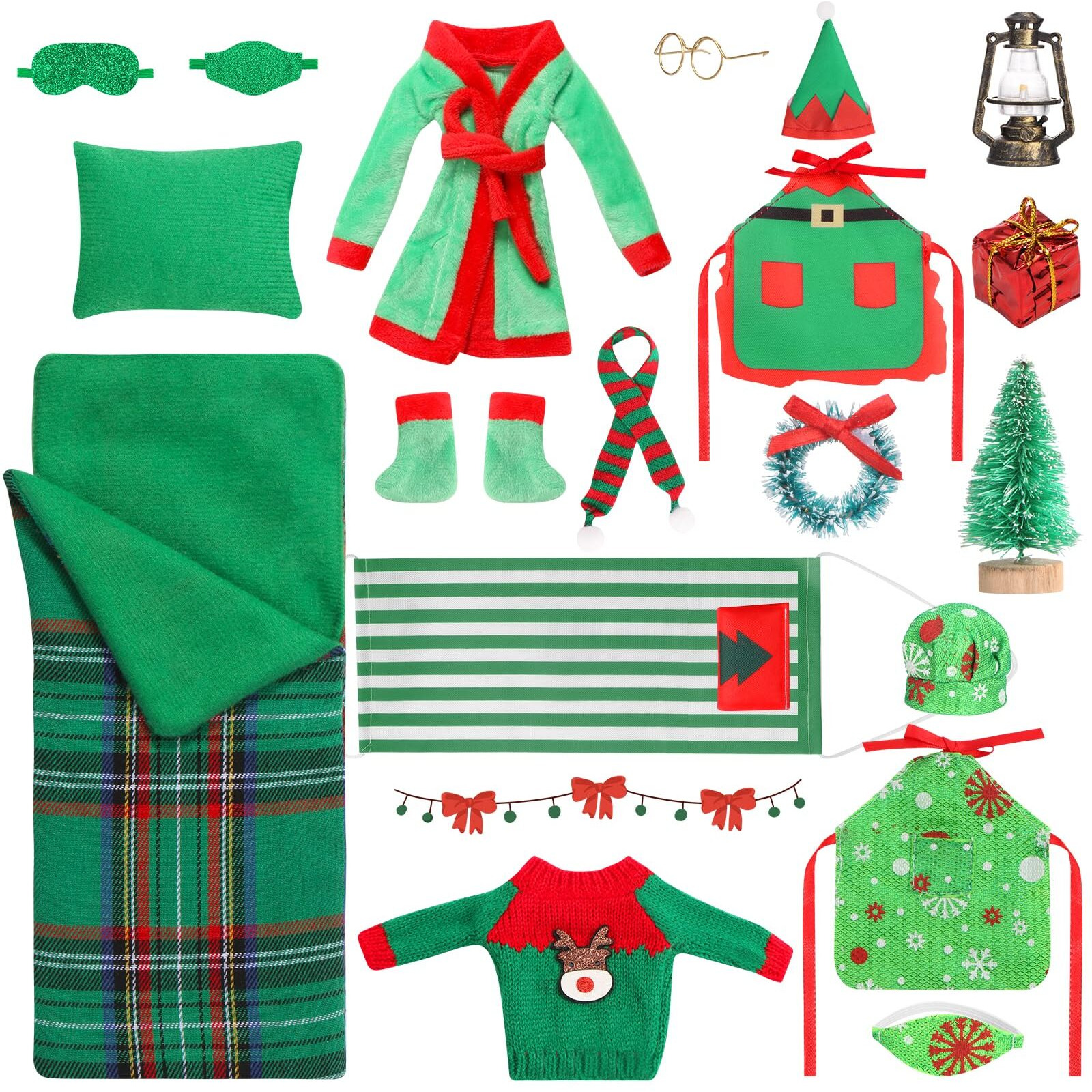 20 Pcs Christmas Elf Accessories Clothes  Sleeping Bag Elf Accessory For Elf Doll Include Elf Sleeping Bag Apron Chef Hat Sweater Scarf Glasses Bathrobe Shoes Hammock For Elf Doll Decor