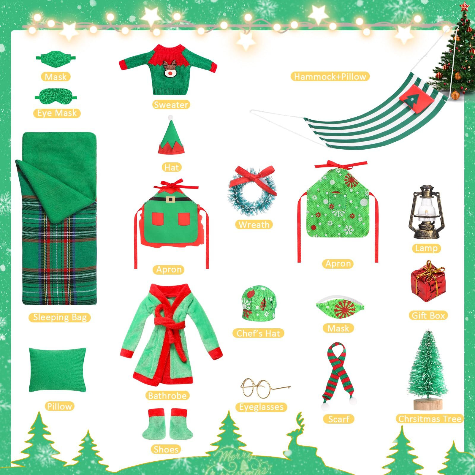 20 Pcs Christmas Elf Accessories Clothes  Sleeping Bag Elf Accessory For Elf Doll Include Elf Sleeping Bag Apron Chef Hat Sweater Scarf Glasses Bathrobe Shoes Hammock For Elf Doll Decor