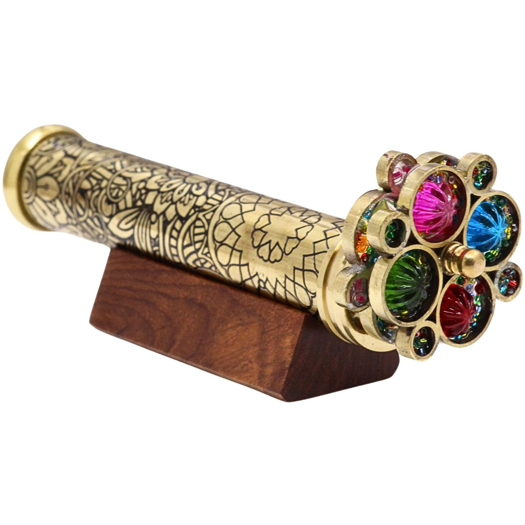 Rii Handcrafted Etched Floral Pattern Lacquered Brass Kaleidoscope Includes Two Separate Turning Wheels-Unique Gift Ideas For Someone Special. (7"""&quotX1.25"""")  Gold