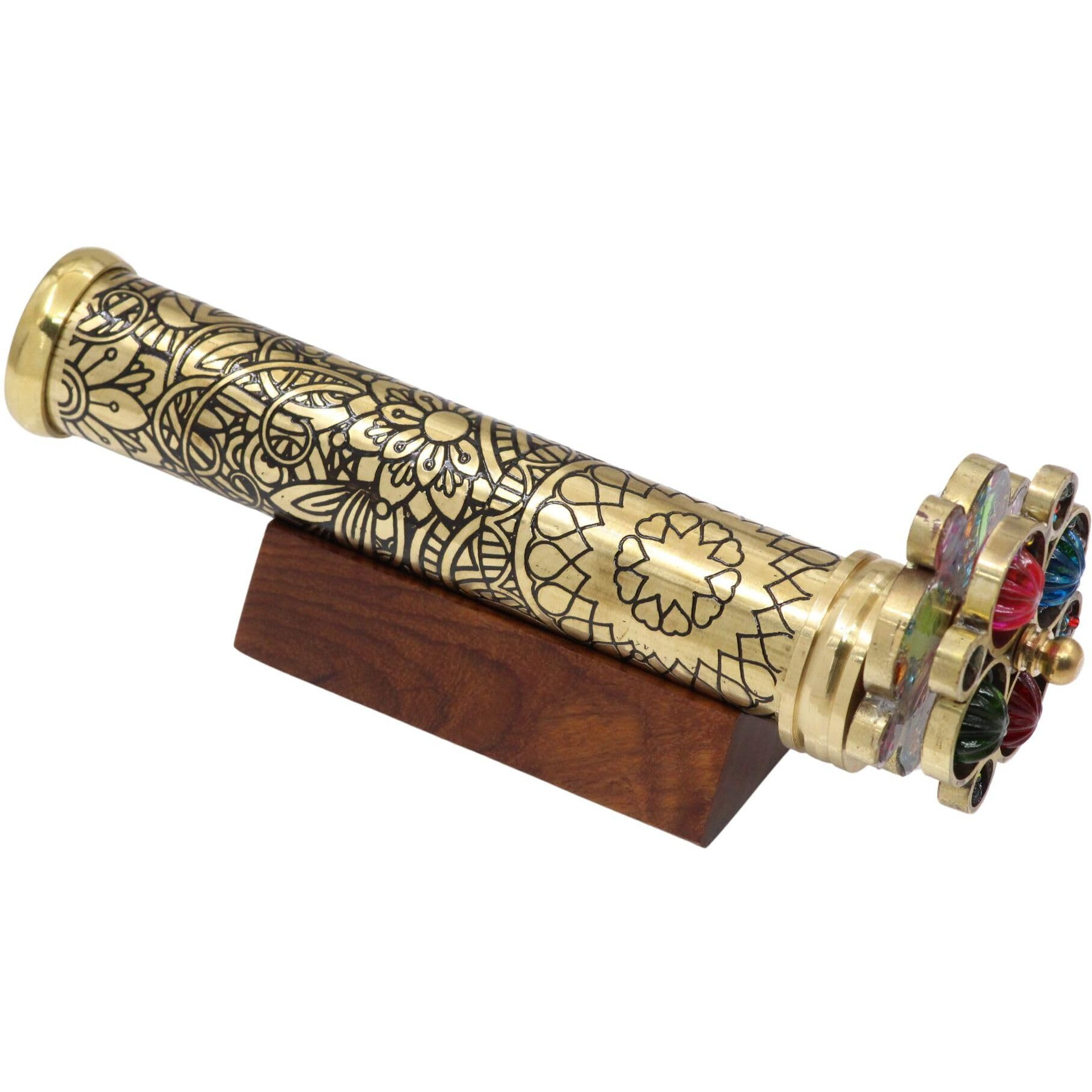 Rii Handcrafted Etched Floral Pattern Lacquered Brass Kaleidoscope Includes Two Separate Turning Wheels-Unique Gift Ideas For Someone Special. (7"""&quotX1.25"""")  Gold