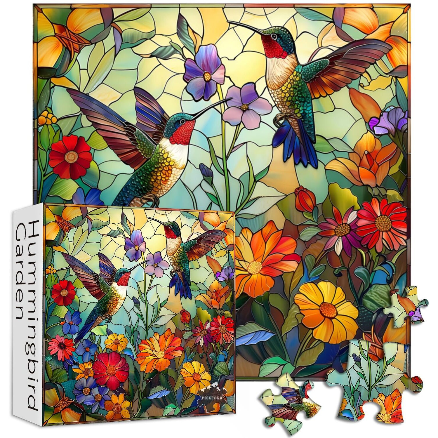 Stained Glass Puzzles For Adults 1000 Pieces  Pickforu Colorful Flower Hummingbird Jigsaw Puzzles  Mosaic Bird Puzzles As Home Decor