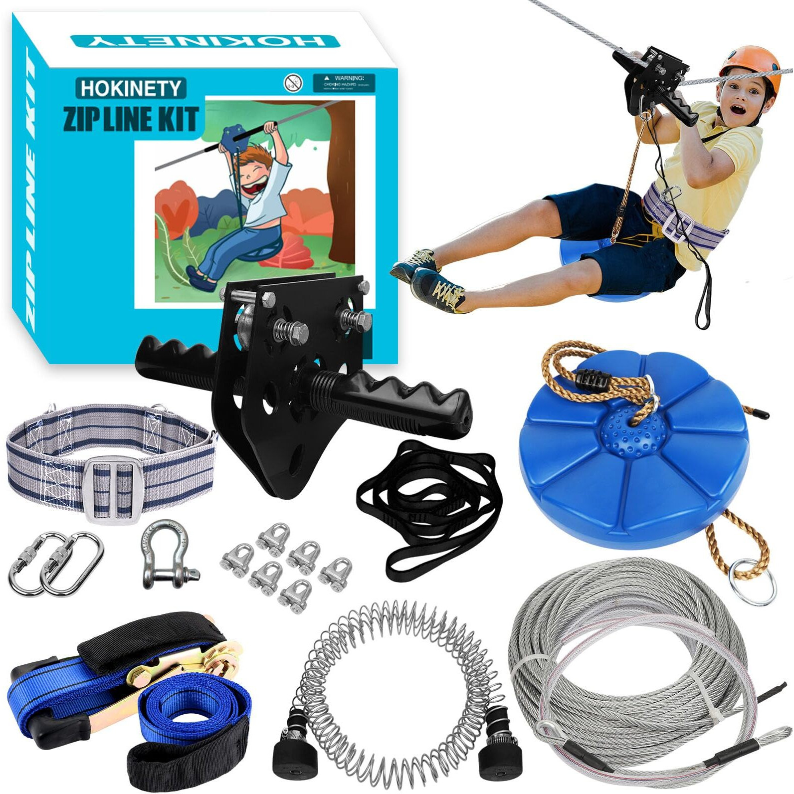 Hokinety Zip Line Kit For Kids Adults  Up To 450Lbs 200Ft Quick Setup Zipline For Backyard Outdoor With 100% Rust Proof Removable Trolley Swing Seat Safety Harness Spring Brake