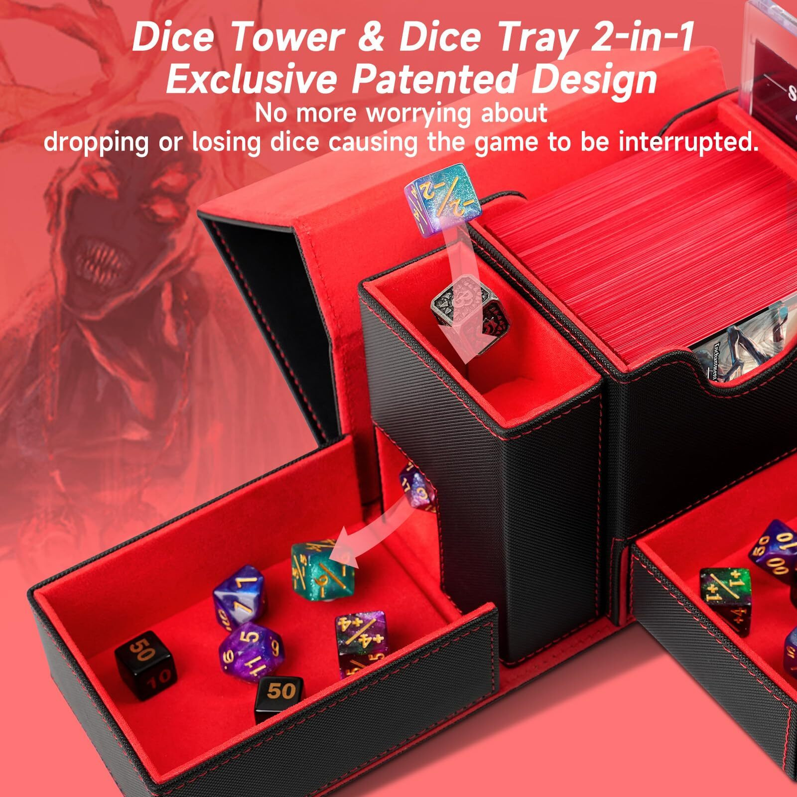 Mtg Deck Box  Dice Tray & Tower 2 In 1 Mtg Commander Deck Box Fits 120+ Single Sleeved Cards  Leather Magnetic Closure Card Deck Box With Magnetic Card Holders&Base For Tcg  Ccg  Black/Red