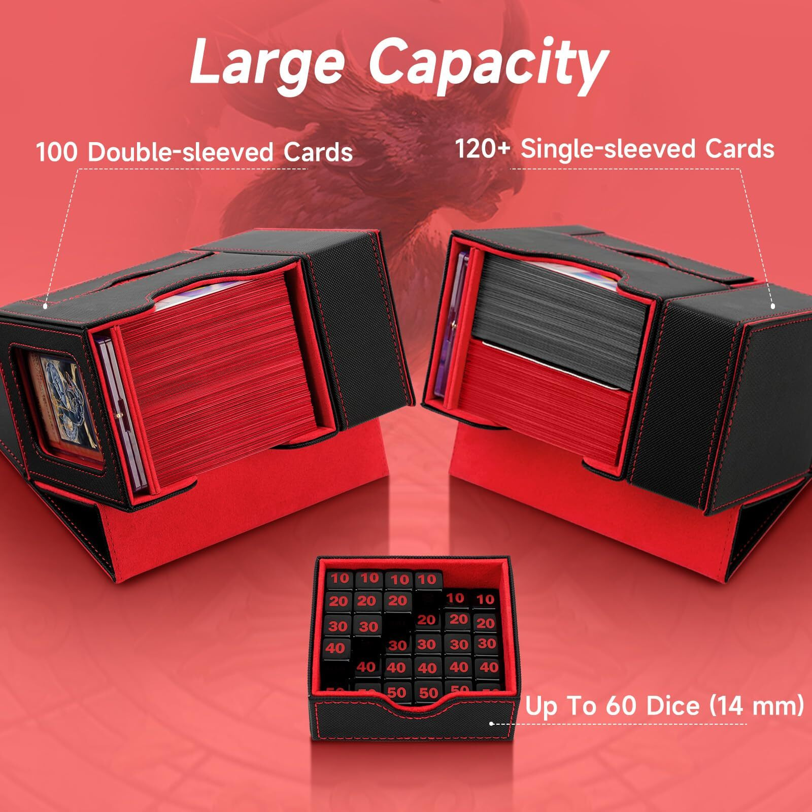Mtg Deck Box  Dice Tray & Tower 2 In 1 Mtg Commander Deck Box Fits 120+ Single Sleeved Cards  Leather Magnetic Closure Card Deck Box With Magnetic Card Holders&Base For Tcg  Ccg  Black/Red