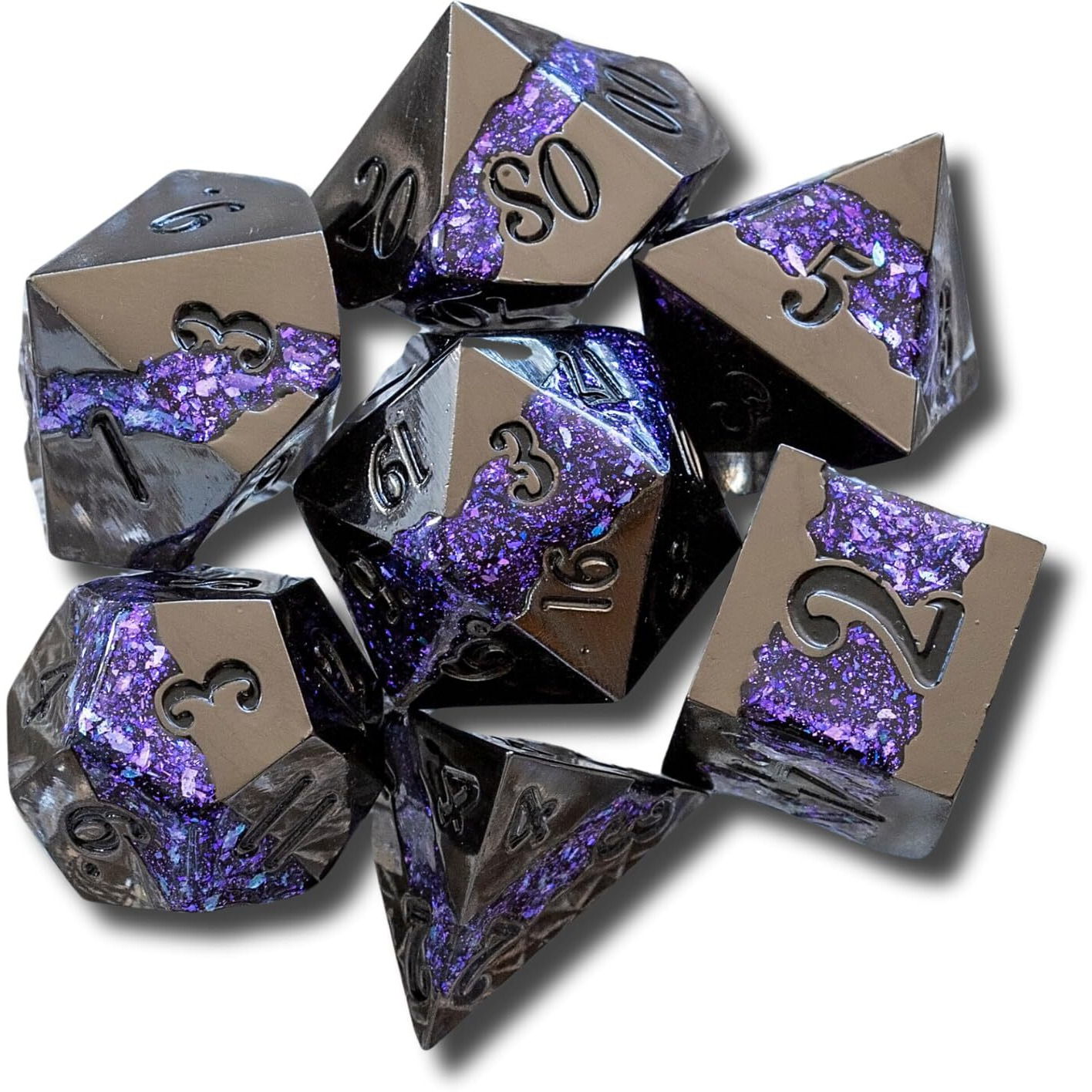 Sage's Portal Metal Riftstone Dnd Dice 7-Pc Polyhedral Dice Set For Dnd Ttrpg Dungeons And Dragons Pathfinder Oversized Designer Dice (Gloss Black/Purple)