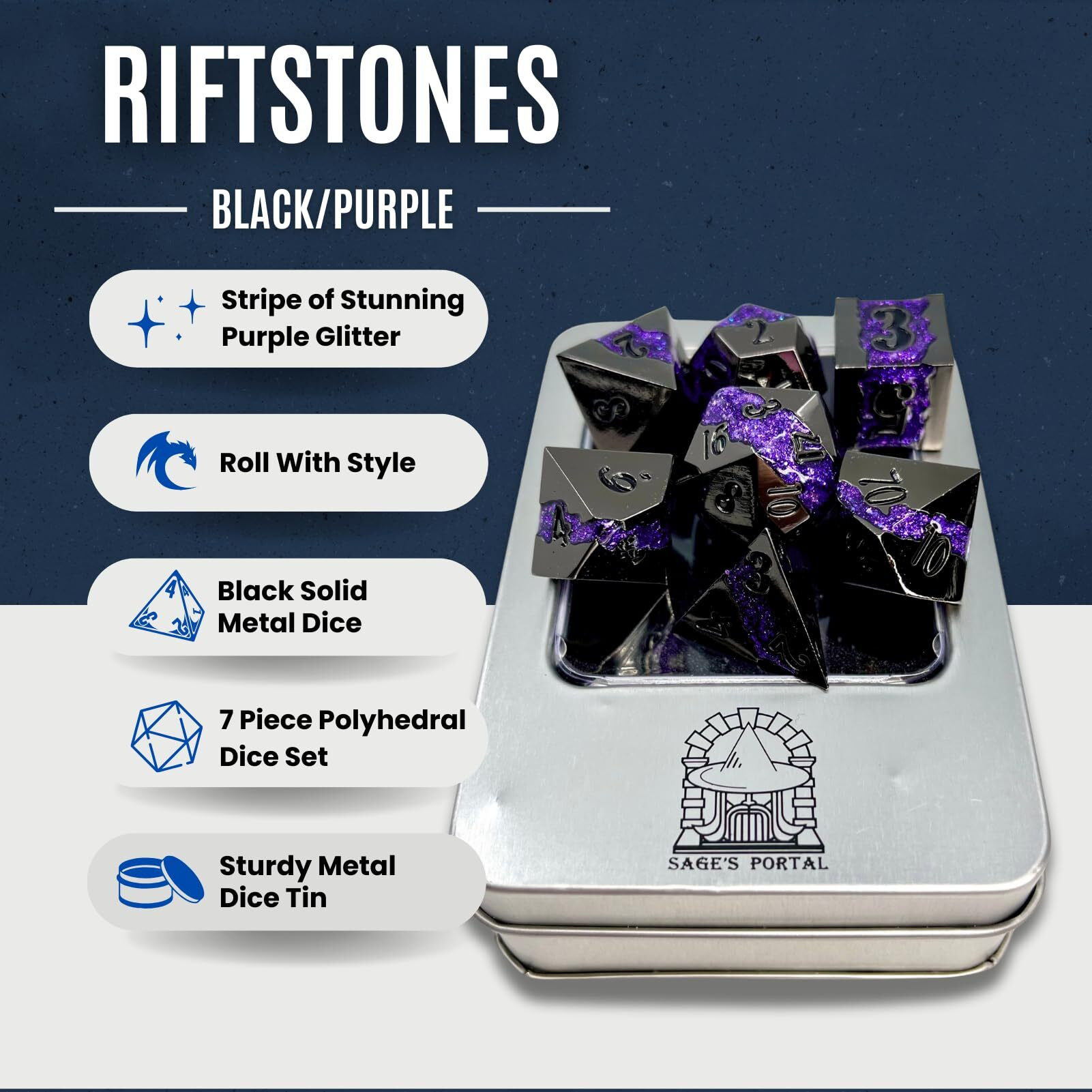 Sage's Portal Metal Riftstone Dnd Dice 7-Pc Polyhedral Dice Set For Dnd Ttrpg Dungeons And Dragons Pathfinder Oversized Designer Dice (Gloss Black/Purple)