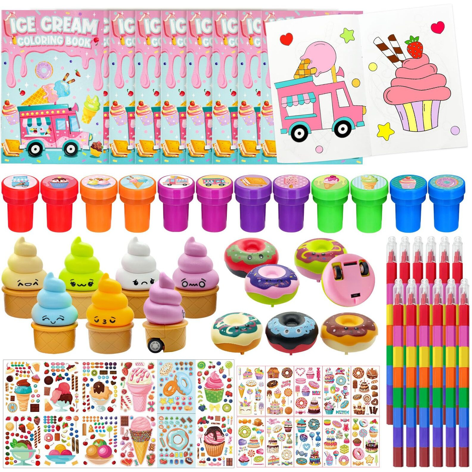 72 Pcs Ice Cream Coloring Book Party Favors Set  Candyland Donut Birthday Party Pinatas Goodie Bag Fillers Cand Supplies Craft Diy Kit Face Stickers Tattoo For Classroom Sweet Candy Party