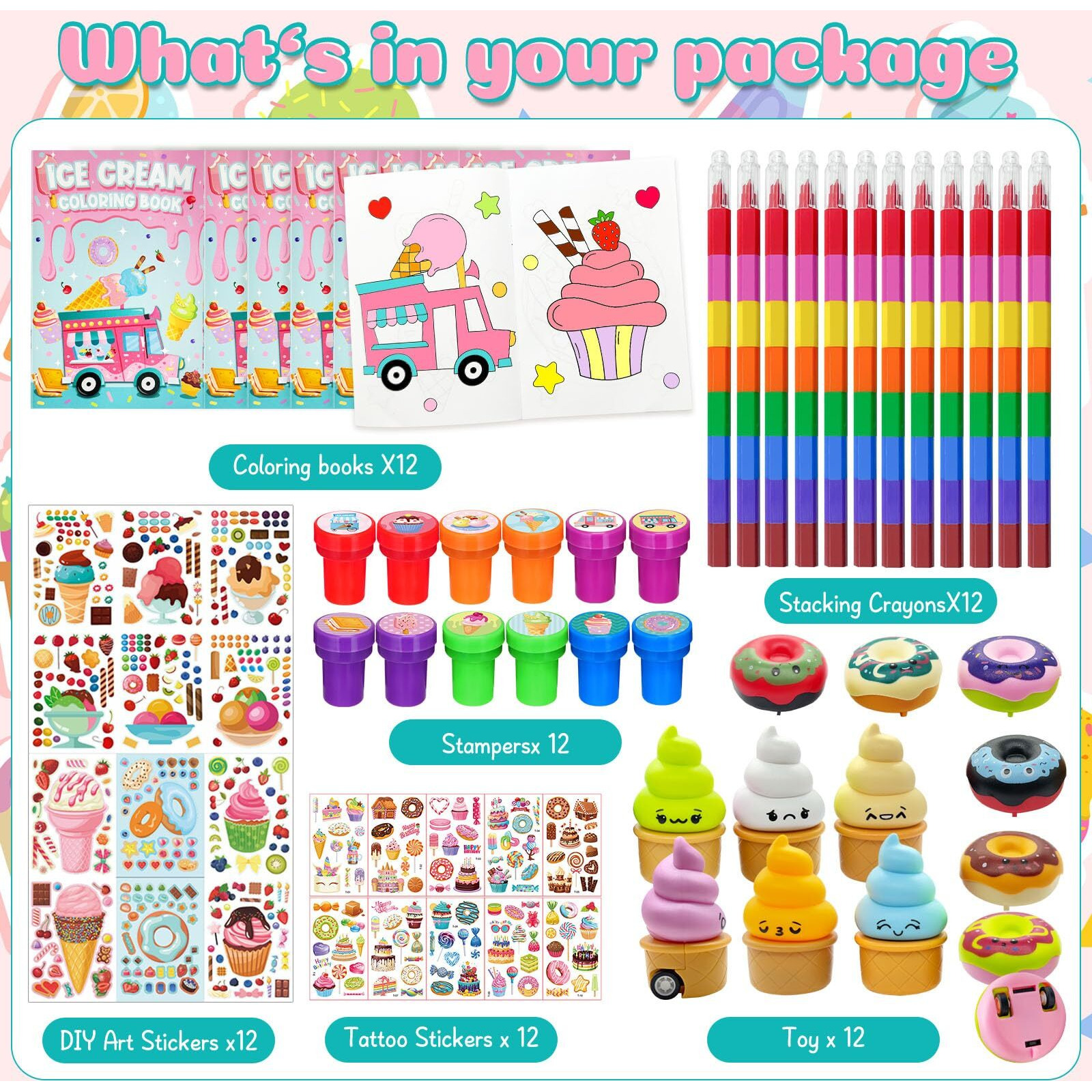 72 Pcs Ice Cream Coloring Book Party Favors Set  Candyland Donut Birthday Party Pinatas Goodie Bag Fillers Cand Supplies Craft Diy Kit Face Stickers Tattoo For Classroom Sweet Candy Party