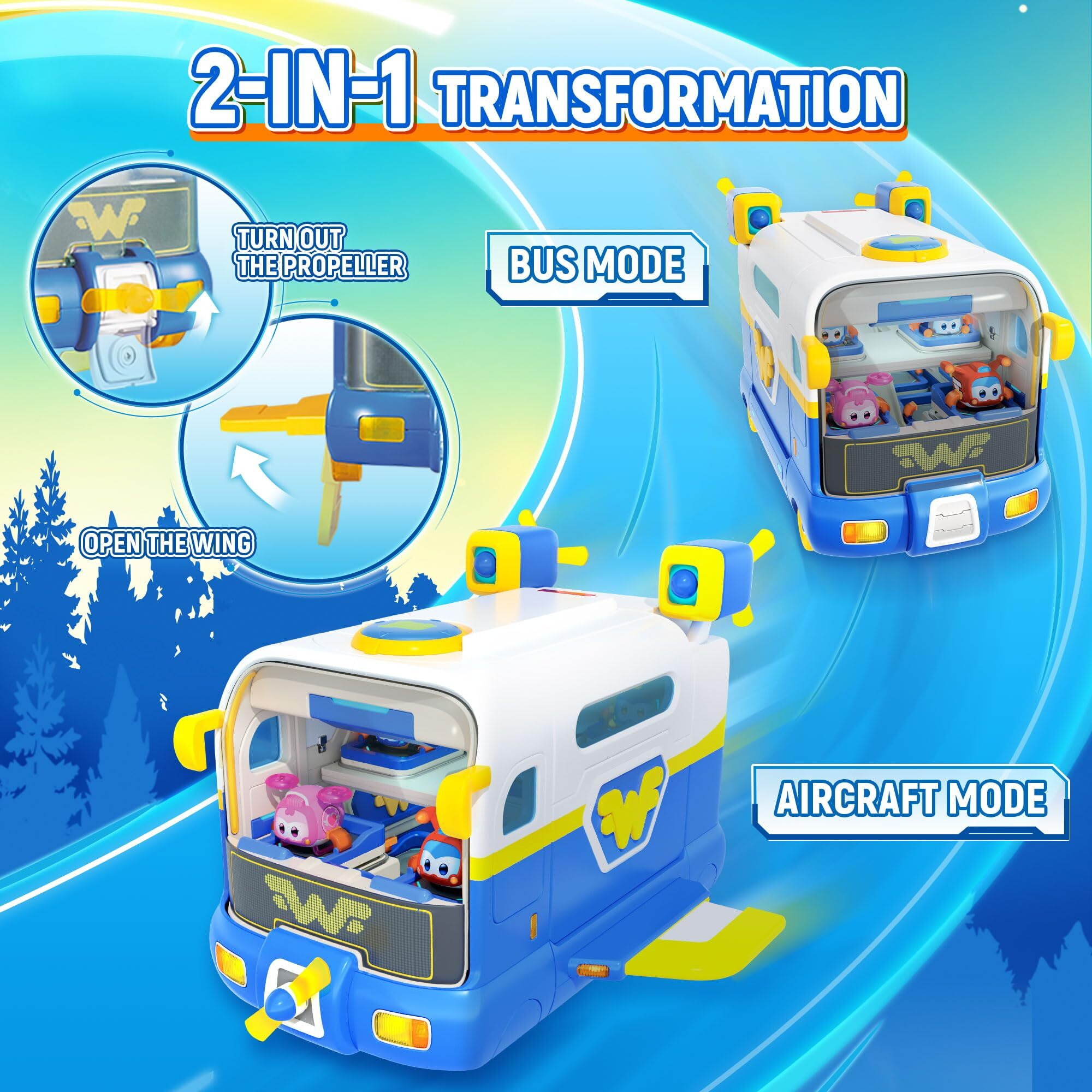 Super Wings Season 7 New Super Pets' Mini Base Transforming Playset From Bus To Aircraft  With Super Pet Jett & Dizzy  Role Play Toys For Kids  Gifts For Girls Boys Age 3+