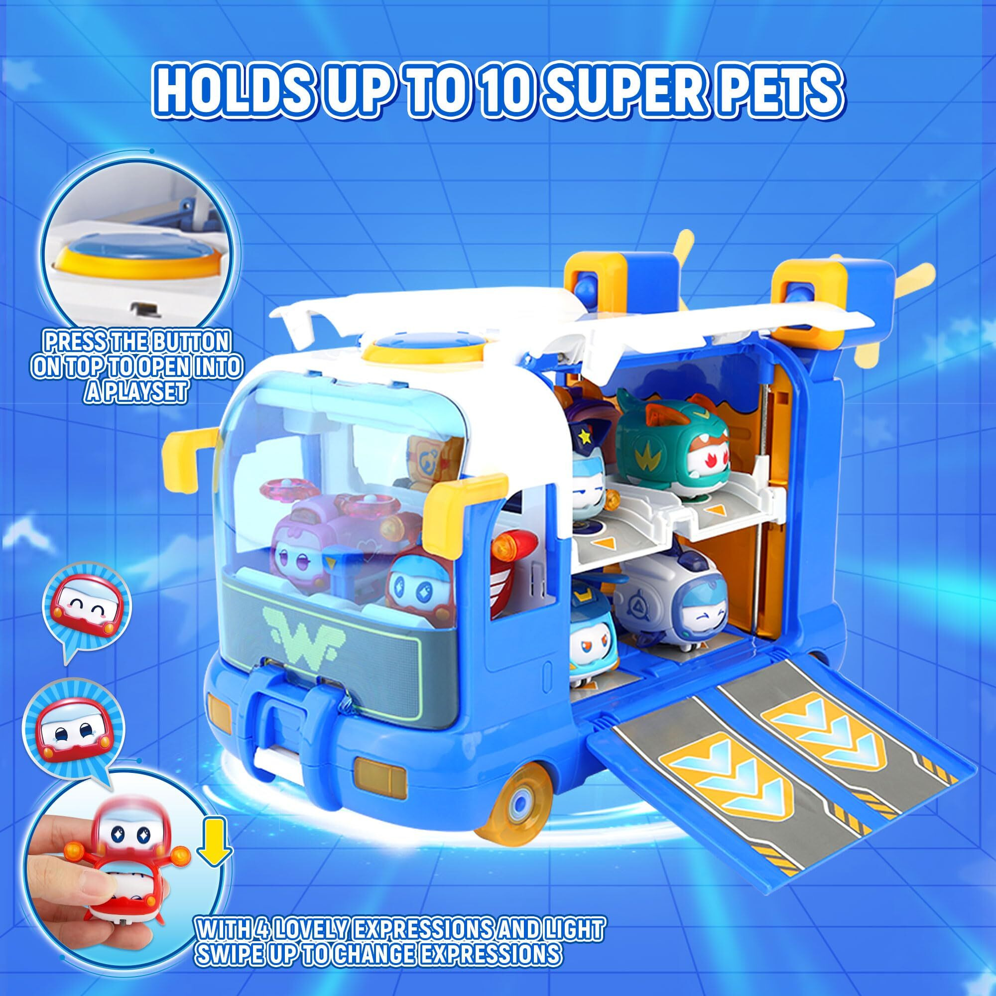 Super Wings Season 7 New Super Pets' Mini Base Transforming Playset From Bus To Aircraft  With Super Pet Jett & Dizzy  Role Play Toys For Kids  Gifts For Girls Boys Age 3+