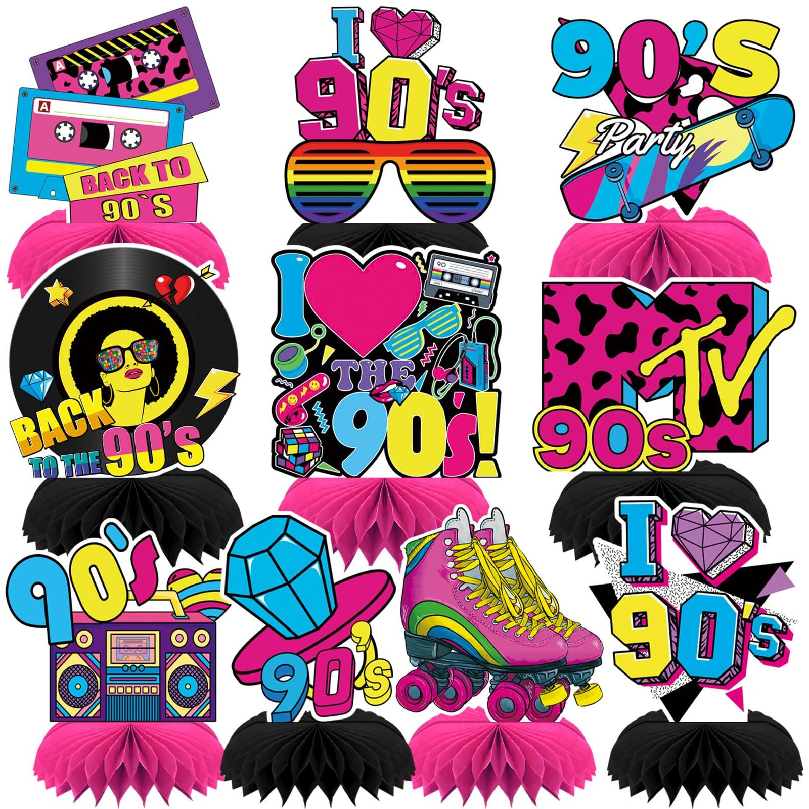Dtofoot 10 Pcs 90S Party Decorations  90S Retro Honeycomb Centerpieces Back To 90S Party Table Centerpieces 1990S Vintage Birthday Party Favors Supplies 90S Themed Party Decorations