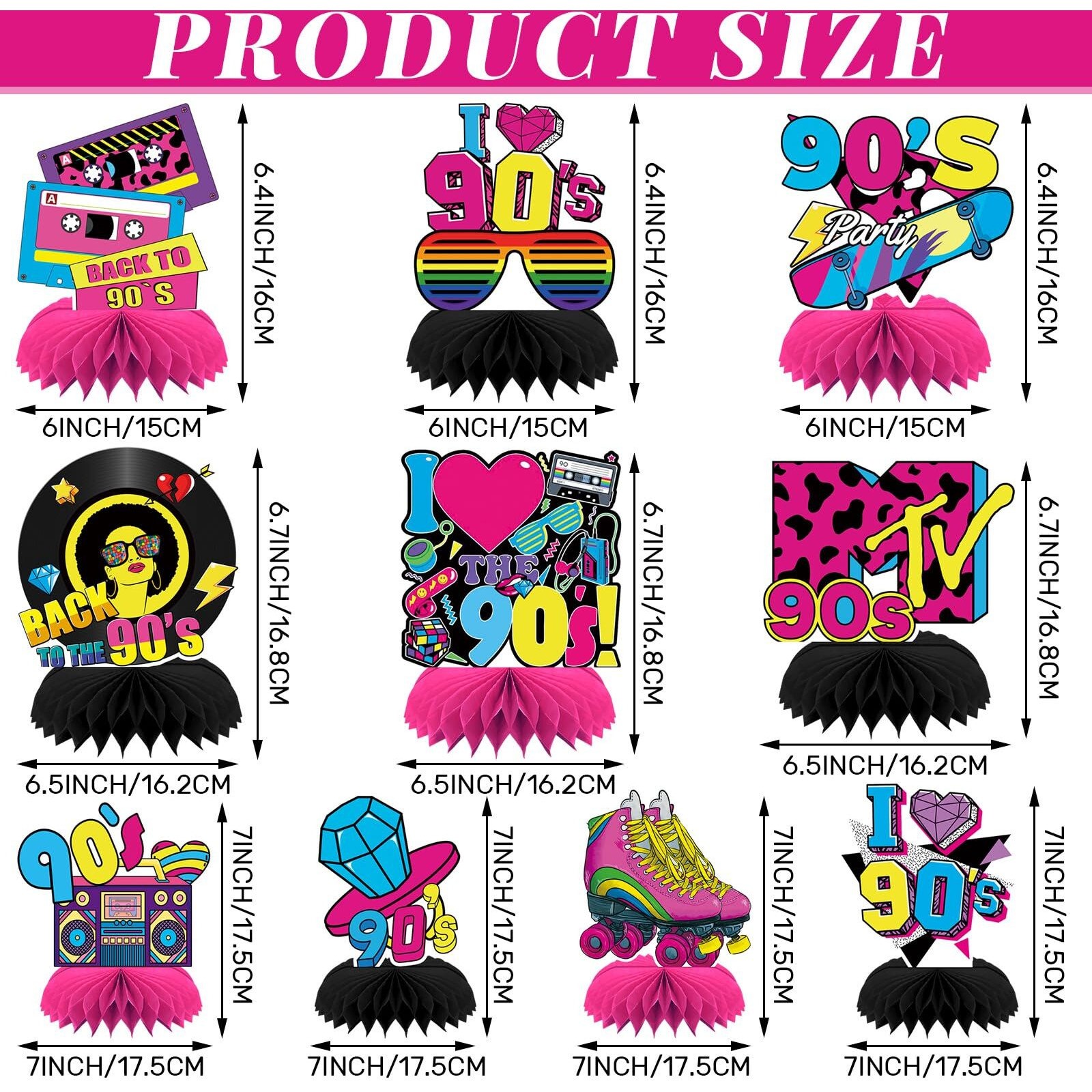 Dtofoot 10 Pcs 90S Party Decorations  90S Retro Honeycomb Centerpieces Back To 90S Party Table Centerpieces 1990S Vintage Birthday Party Favors Supplies 90S Themed Party Decorations