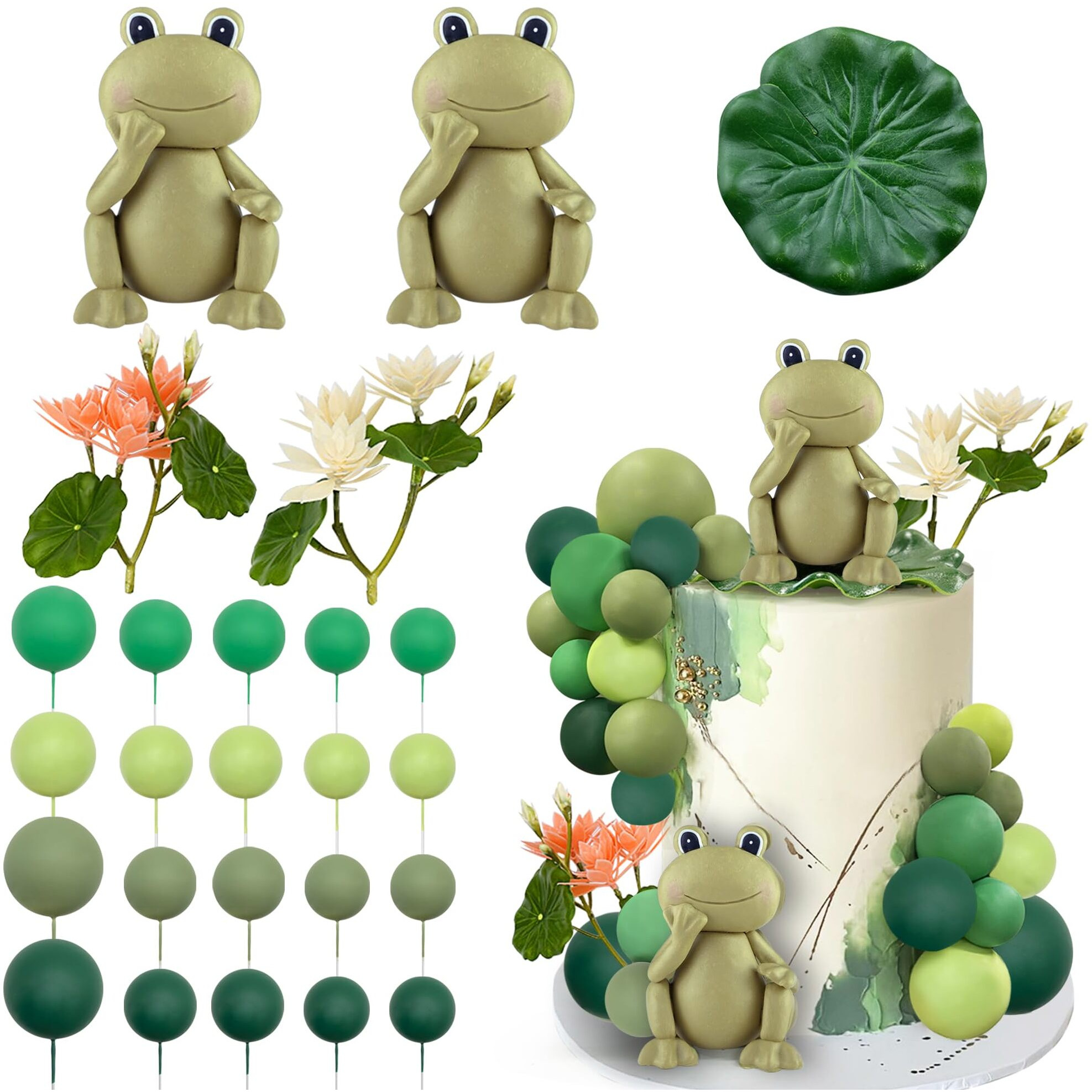 25 Pcs Frog Cake Topper Frog Cake Decorations Ball Cake Topper For Boys Girls Frog Birthday Rainforest Party Decoration
