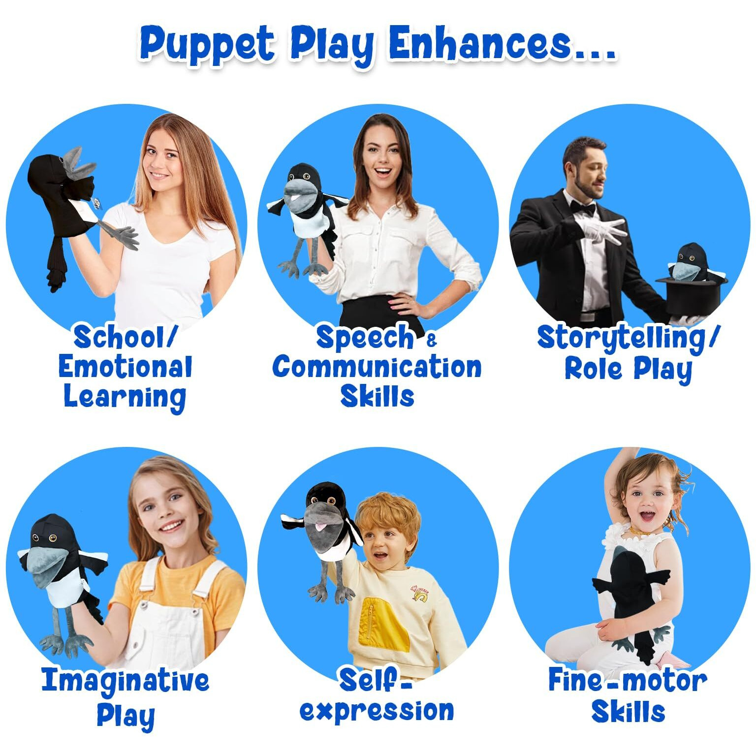 Steve And Maggie Plush Toy  Soft Magpie Plush Toy  Bird Hand Puppet  Bird Puppet  Educational Bird Toys  Sensory Toys  Animal Puppet For Kids (Big)