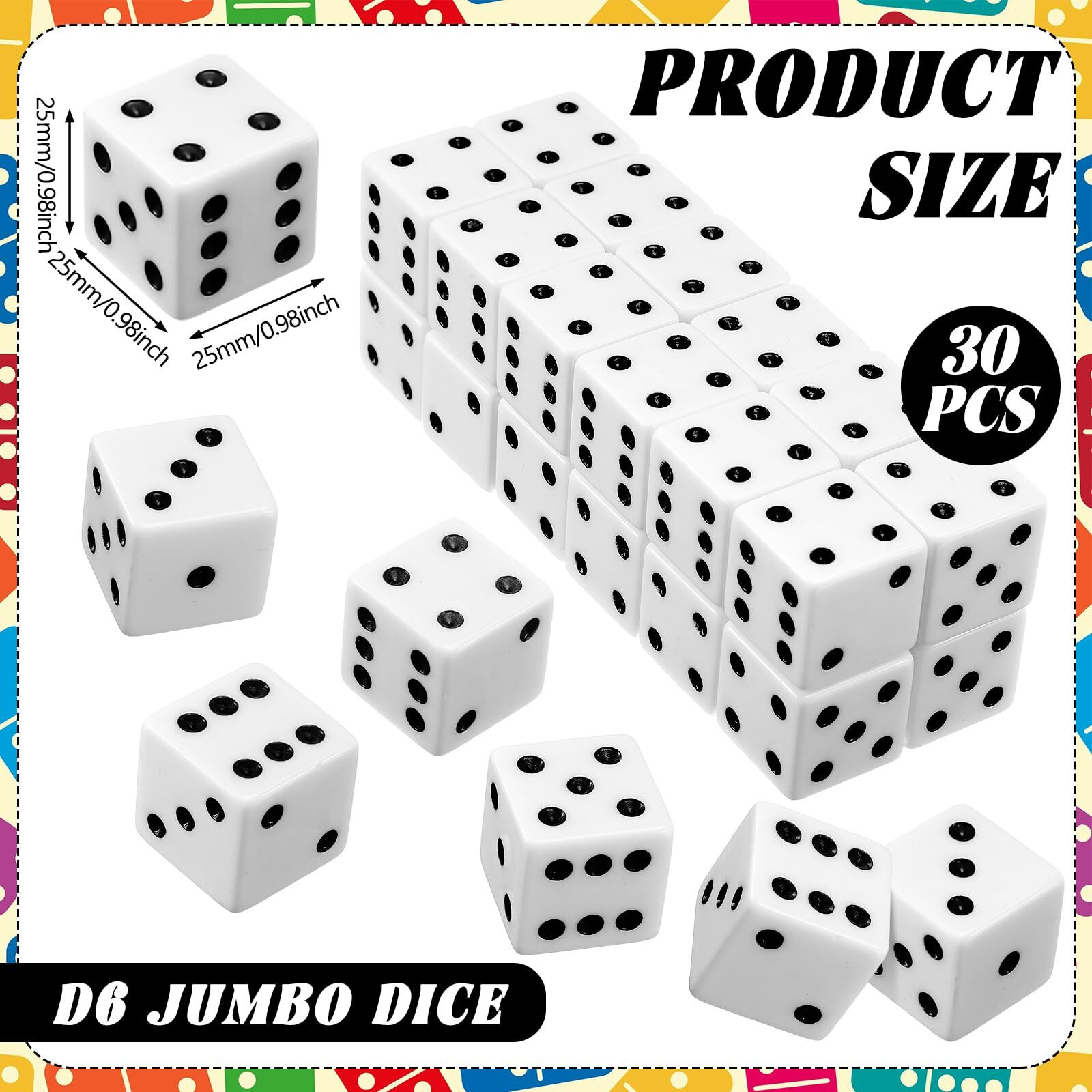 Poen 30 Pcs Standard Game Dice 25 Mm Casino Theme Party Dice Large Opaque Jumbo Dice Acrylic D6 Dice Bulk Casino Dice For Casino Theme Party Board Games Vegas Birthday Party SupplyWhite