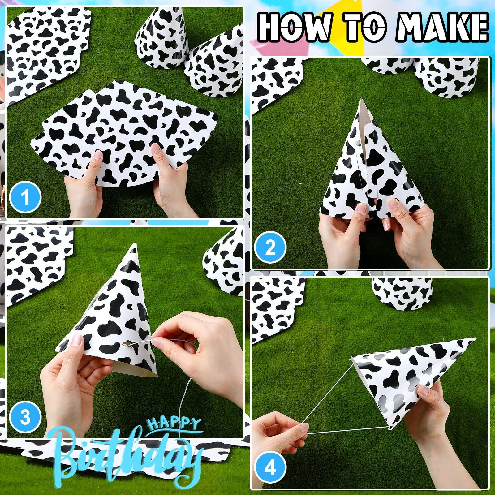30 Pieces Birthday Party Hats Car/Cow Themed Paper Cone Hat Birthday Party Supplies Decorations For Kids(Milk Cow)