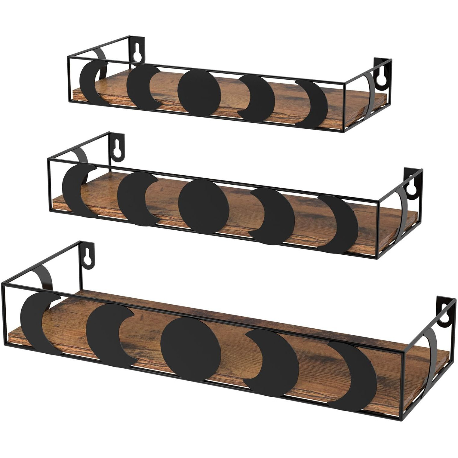 Serwrsw Moon Phase Wall Shelves Set Of 3  Black Floating Shelves With Brown Board  Crystal Display Shelf For Witchy Wall Decor