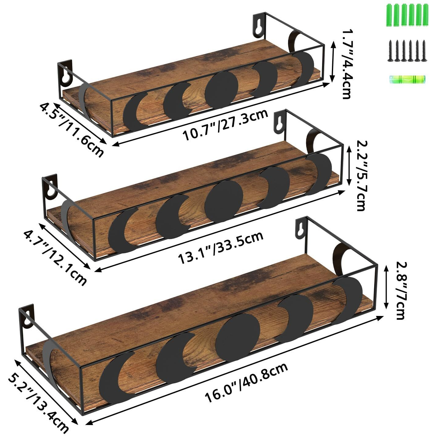 Serwrsw Moon Phase Wall Shelves Set Of 3  Black Floating Shelves With Brown Board  Crystal Display Shelf For Witchy Wall Decor