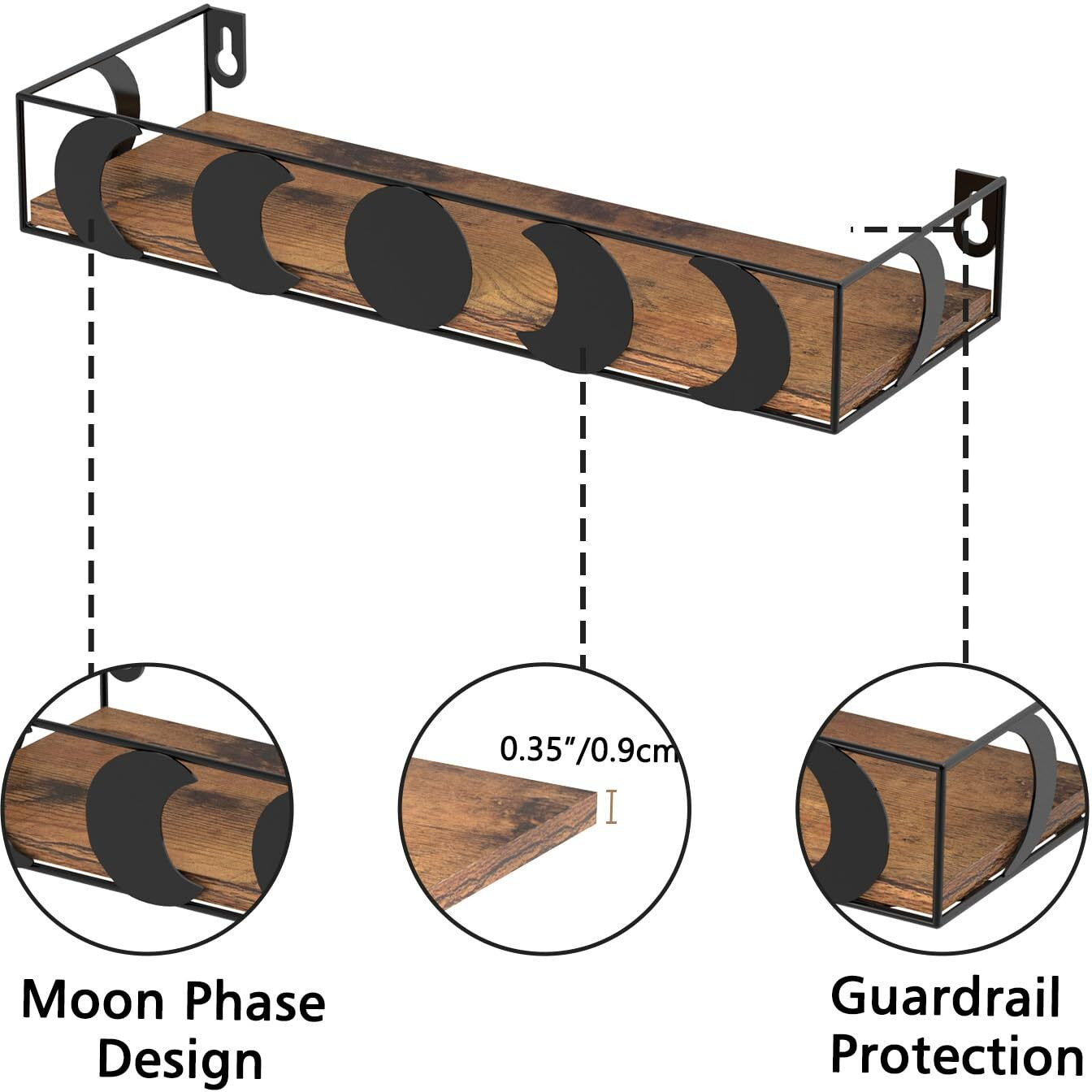 Serwrsw Moon Phase Wall Shelves Set Of 3  Black Floating Shelves With Brown Board  Crystal Display Shelf For Witchy Wall Decor