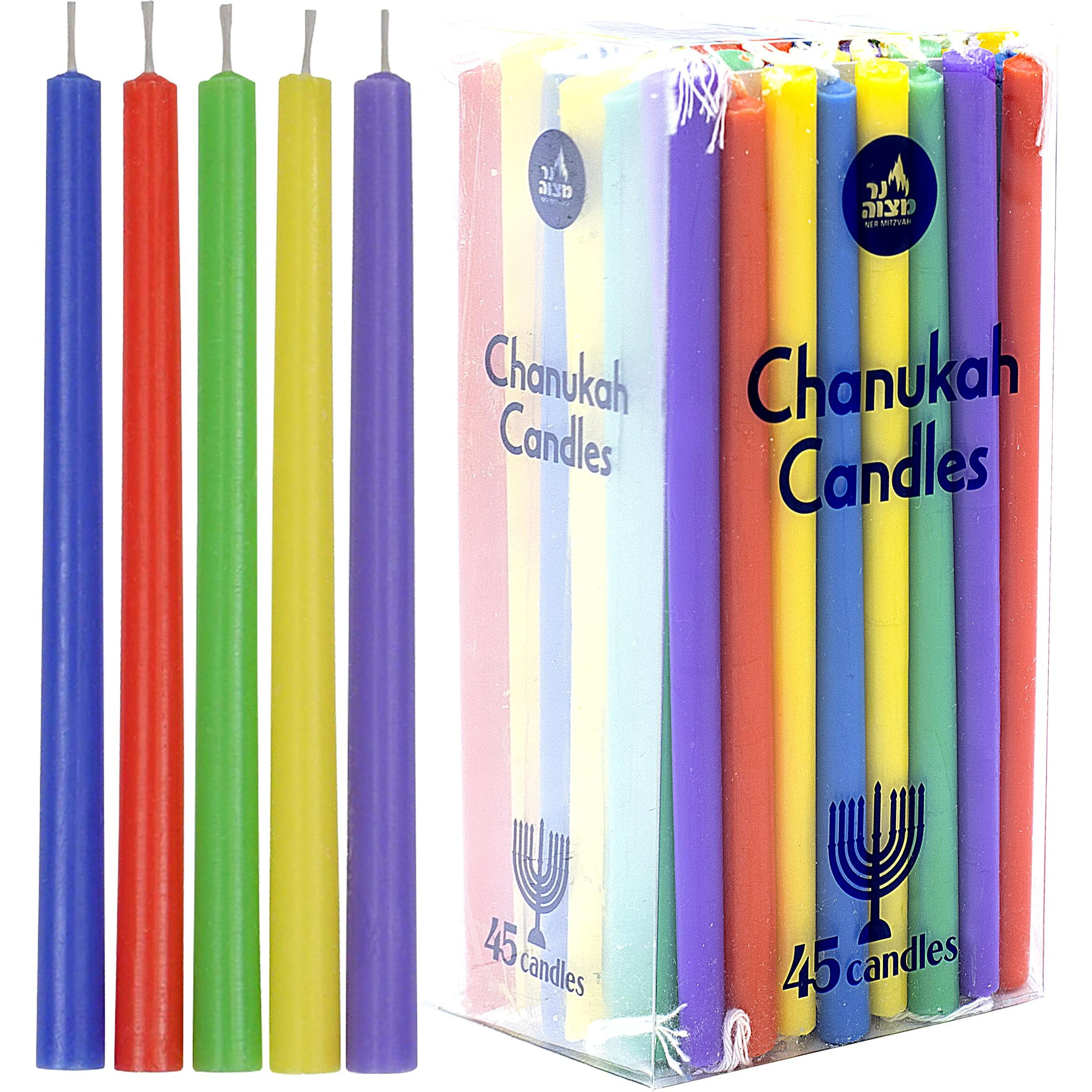 Colorful Long Chanukah Candles - Standard Size Diameter Fits Most Menorahs - Premium Quality Wax - Assorted Colors - 45 Count For All 8 Nights Of Hanukkah - By Ner Mitzvah