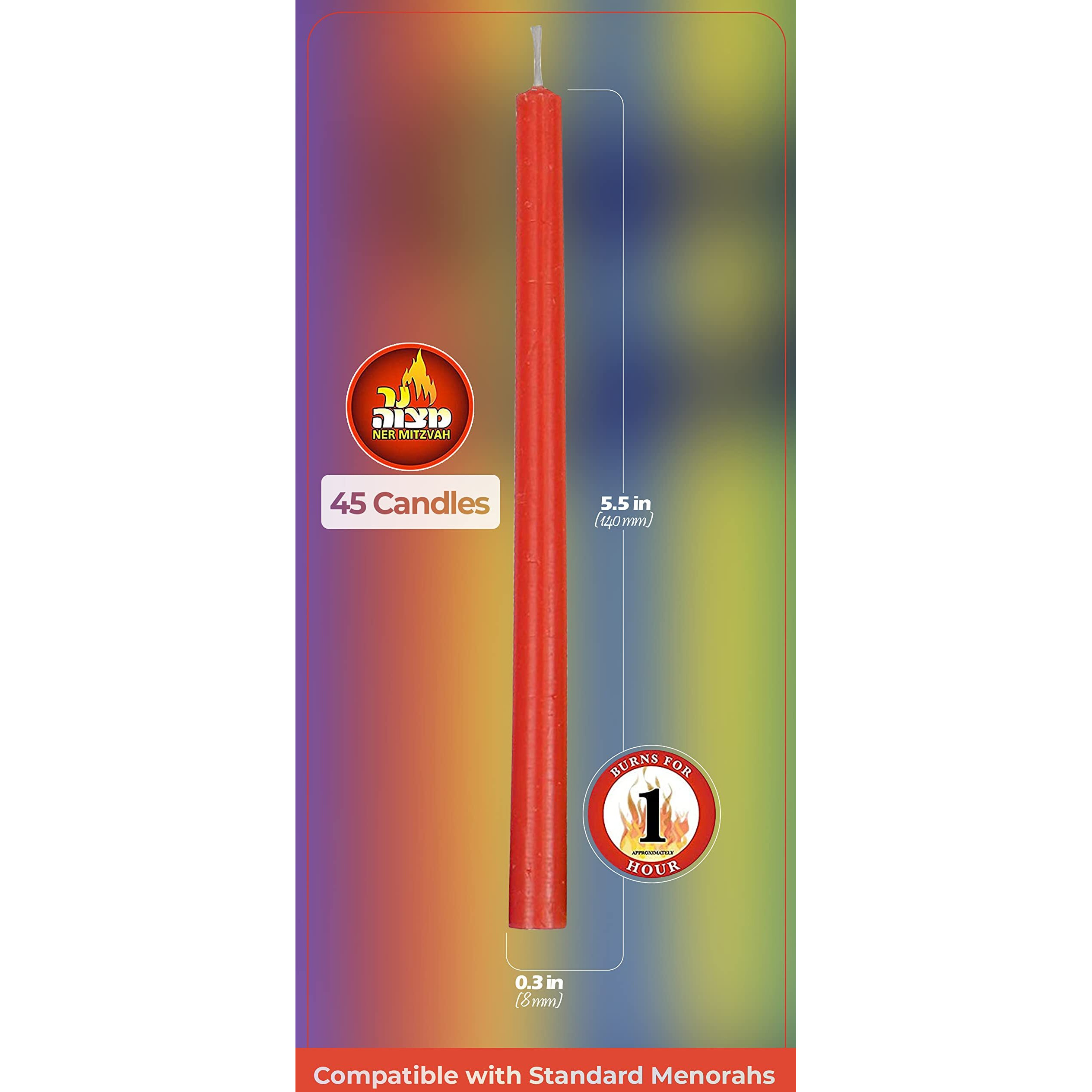 Colorful Long Chanukah Candles - Standard Size Diameter Fits Most Menorahs - Premium Quality Wax - Assorted Colors - 45 Count For All 8 Nights Of Hanukkah - By Ner Mitzvah