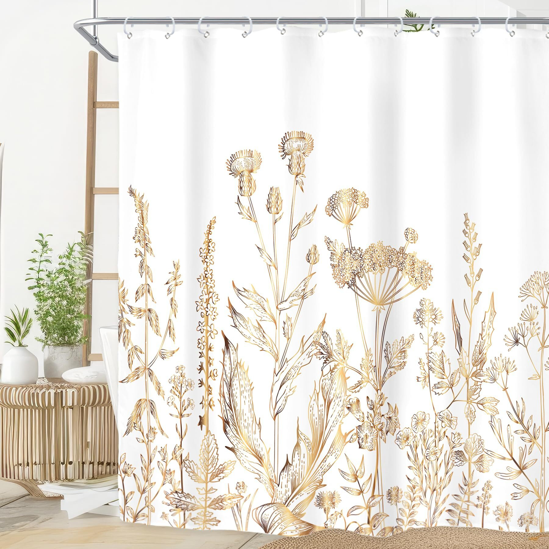 Riyidecor White Gold Floral Wildflower Shower Curtain For Bathroom Decor 72Wx84H Extra Long Rustic Botanical Herbs Plant Leaves Nature Farm Art Printed Fabric Polyester Waterproof 12 Pack Plastic Hook