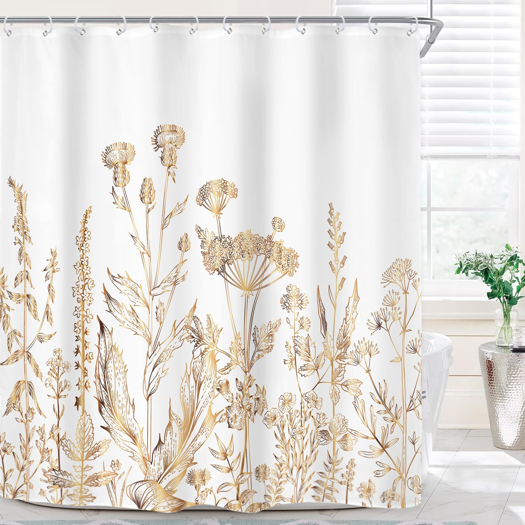 Riyidecor White Gold Floral Wildflower Shower Curtain For Bathroom Decor 72Wx84H Extra Long Rustic Botanical Herbs Plant Leaves Nature Farm Art Printed Fabric Polyester Waterproof 12 Pack Plastic Hook