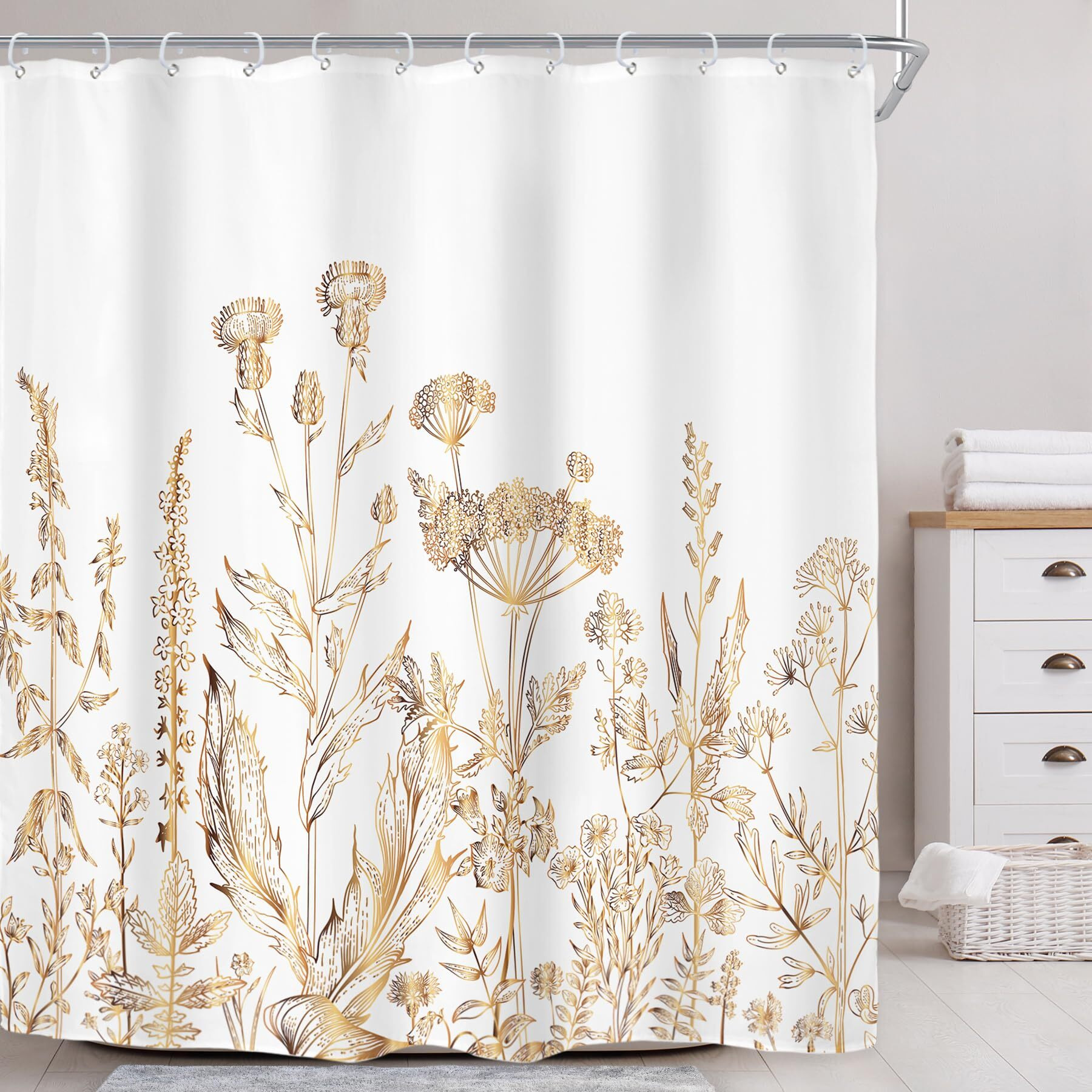 Riyidecor White Gold Floral Wildflower Shower Curtain For Bathroom Decor 72Wx84H Extra Long Rustic Botanical Herbs Plant Leaves Nature Farm Art Printed Fabric Polyester Waterproof 12 Pack Plastic Hook