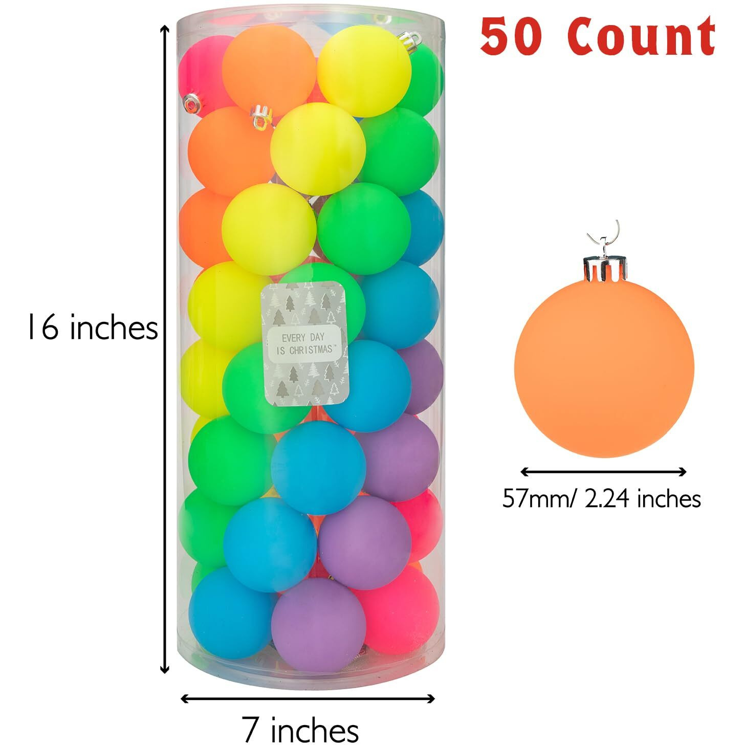 Every Day Is Christmas Ornaments  Shatterproof Christmas Tree Ornament Set  Christmas Balls Decoration 50 Count(2.24""/57Mm  Neon)