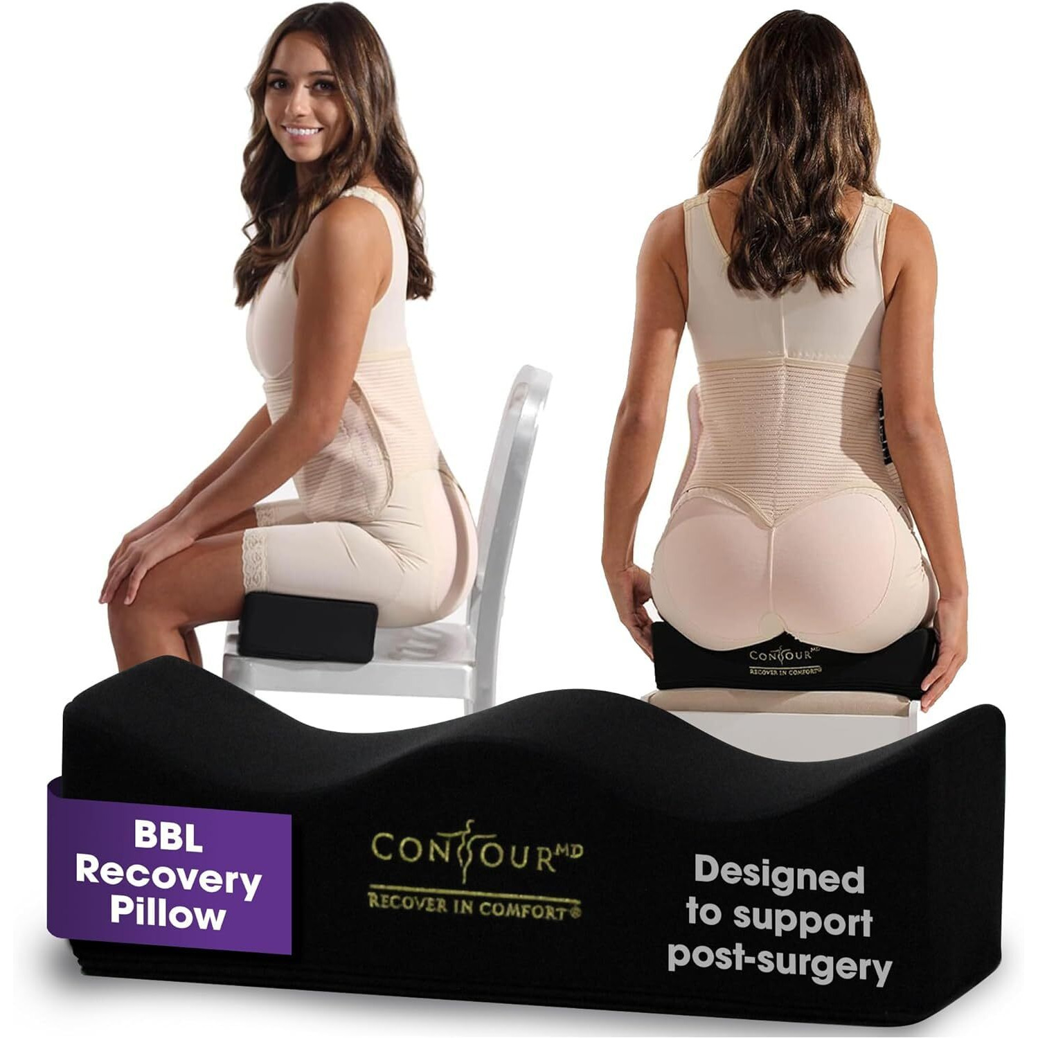 Contourmd Bbl Pillow After Surgery For Butt - Brazilian Butt Lift Bbl Recovery Pillow - Portable  Lightweight Foam Butt Shaped Pillow - Bbl Post Surgery Supplies - Rectangle (Black)
