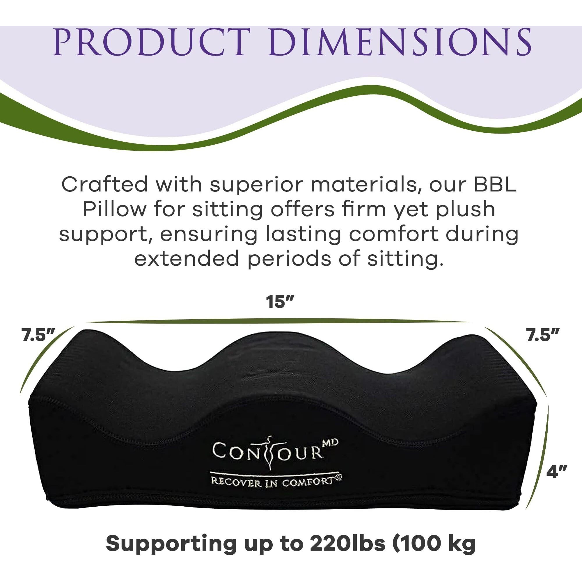 Contourmd Bbl Pillow After Surgery For Butt - Brazilian Butt Lift Bbl Recovery Pillow - Portable  Lightweight Foam Butt Shaped Pillow - Bbl Post Surgery Supplies - Rectangle (Black)