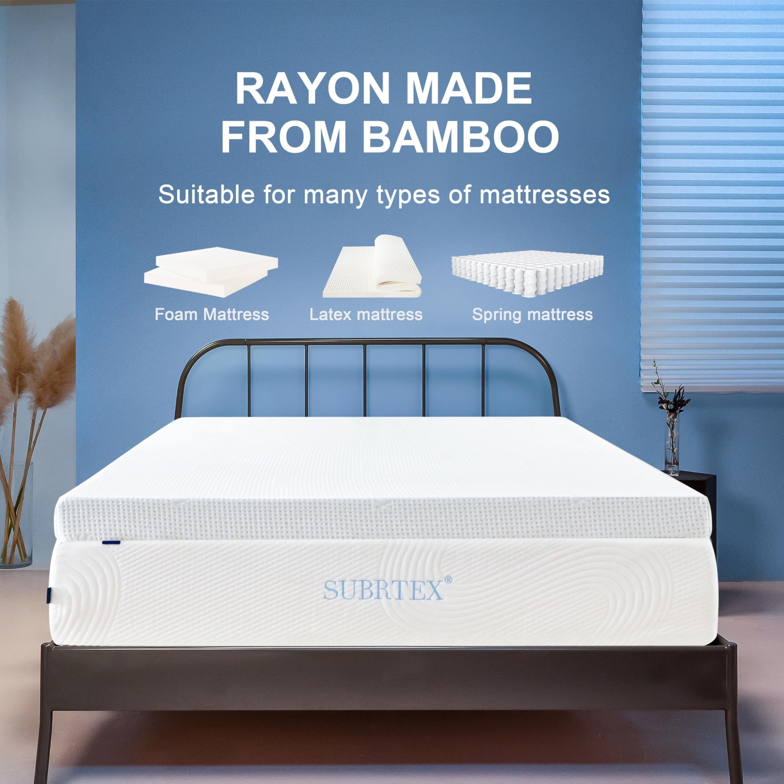 Subrtex 3 Inch Mattress Topper Cover (Only Cover) Mattress Topper Protector Bedding Rayon Made From Bamboo Removable Mattress Encasement With Zippers  Queen