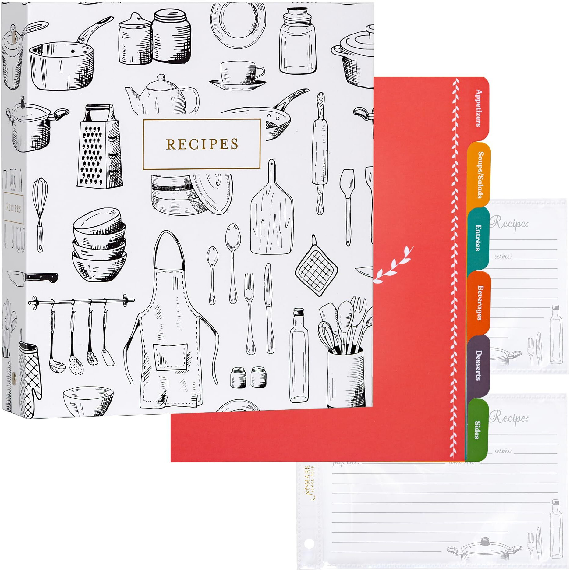 Jot & Mark 3 Ring Recipe Binder 8.5"" X 9.5"" | Full-Page With Clear Protective Sleeves And Color Printing Paper For Family Recipes (8.5"" X 9.5"" Recipe Binder  Culinary Crockery)
