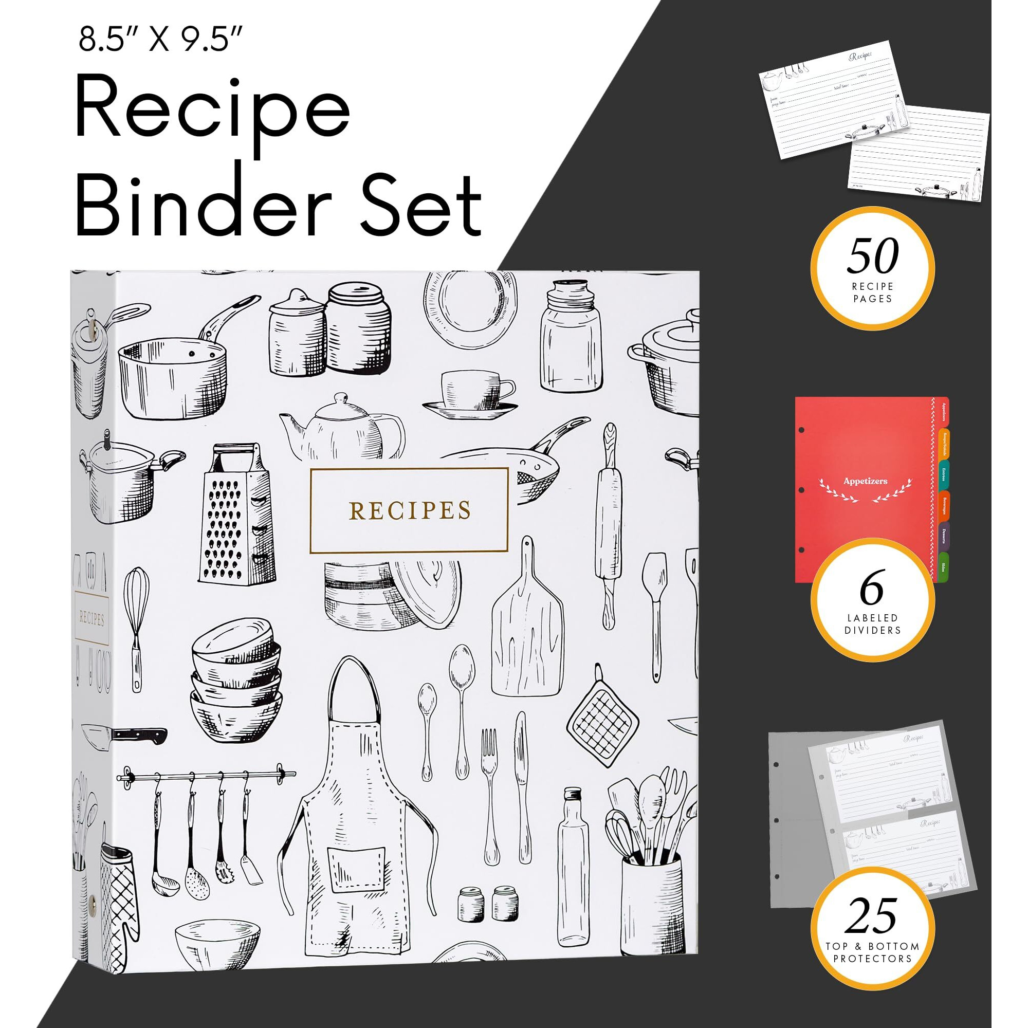 Jot & Mark 3 Ring Recipe Binder 8.5"" X 9.5"" | Full-Page With Clear Protective Sleeves And Color Printing Paper For Family Recipes (8.5"" X 9.5"" Recipe Binder  Culinary Crockery)