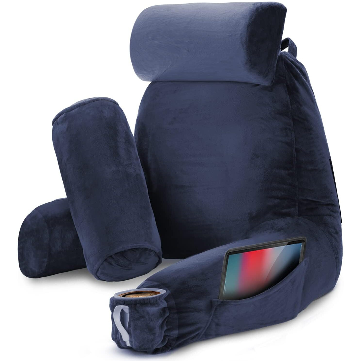 Nestl Reading Pillow With Portable Laptop Lap Desk  Velvet Feel Back Pillow For Sitting In Bed  Shredded Memory Foam Back Support Pillow For Bed  Bed Rest Pillow With Arms  Large - Navy
