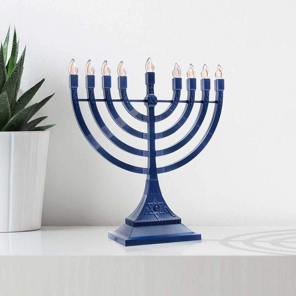 Zion Judaica Blue Electronic Hanukkah Menorah Powered By Batteries Or Usb 4' Cable Included Flameless Chanukkah Candles Holder Led Electric Minorah Bulbs Chanukah Deco Chanukkiah