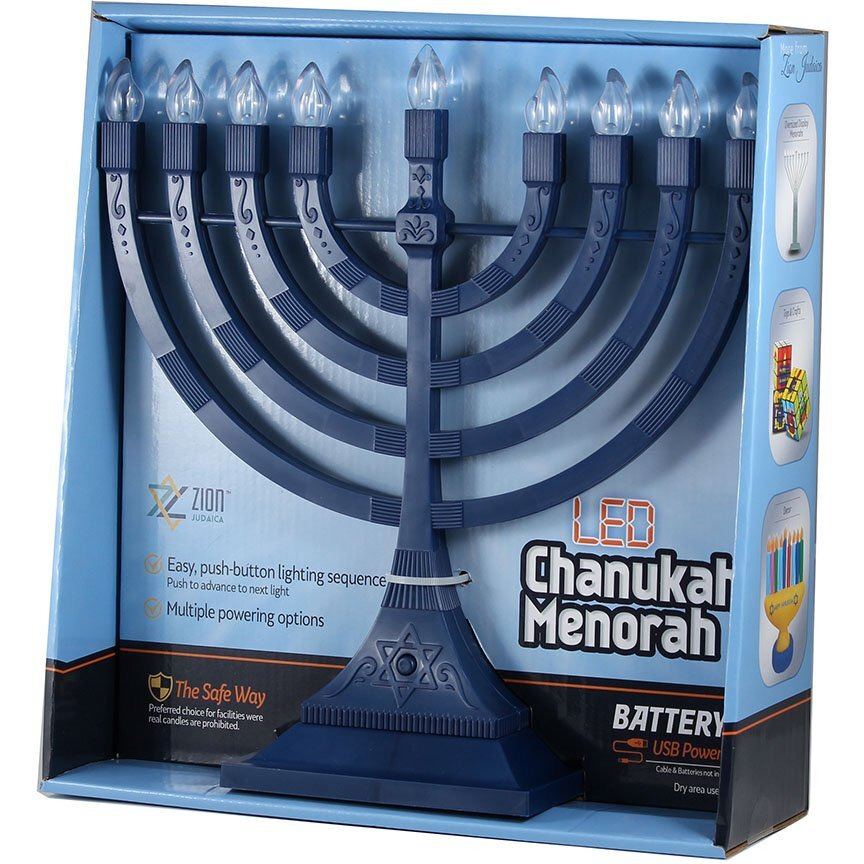 Zion Judaica Blue Electronic Hanukkah Menorah Powered By Batteries Or Usb 4' Cable Included Flameless Chanukkah Candles Holder Led Electric Minorah Bulbs Chanukah Deco Chanukkiah