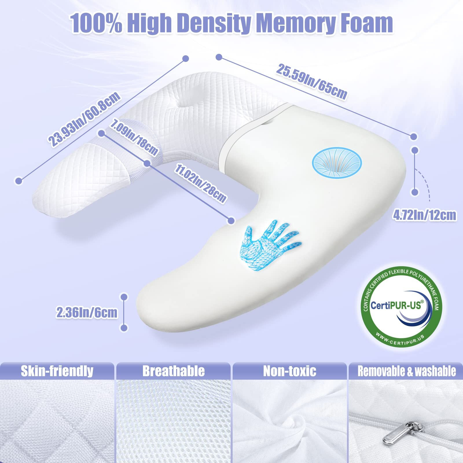 Saheyer Pillow For Side Sleeper  Odorless Body Pillow For Adults Shoulder Pain Relief  U-Shaped Memory Foam Orthopedic Contour Support Pillows For Neck  Back  Arm With Removable Washable Cover  White