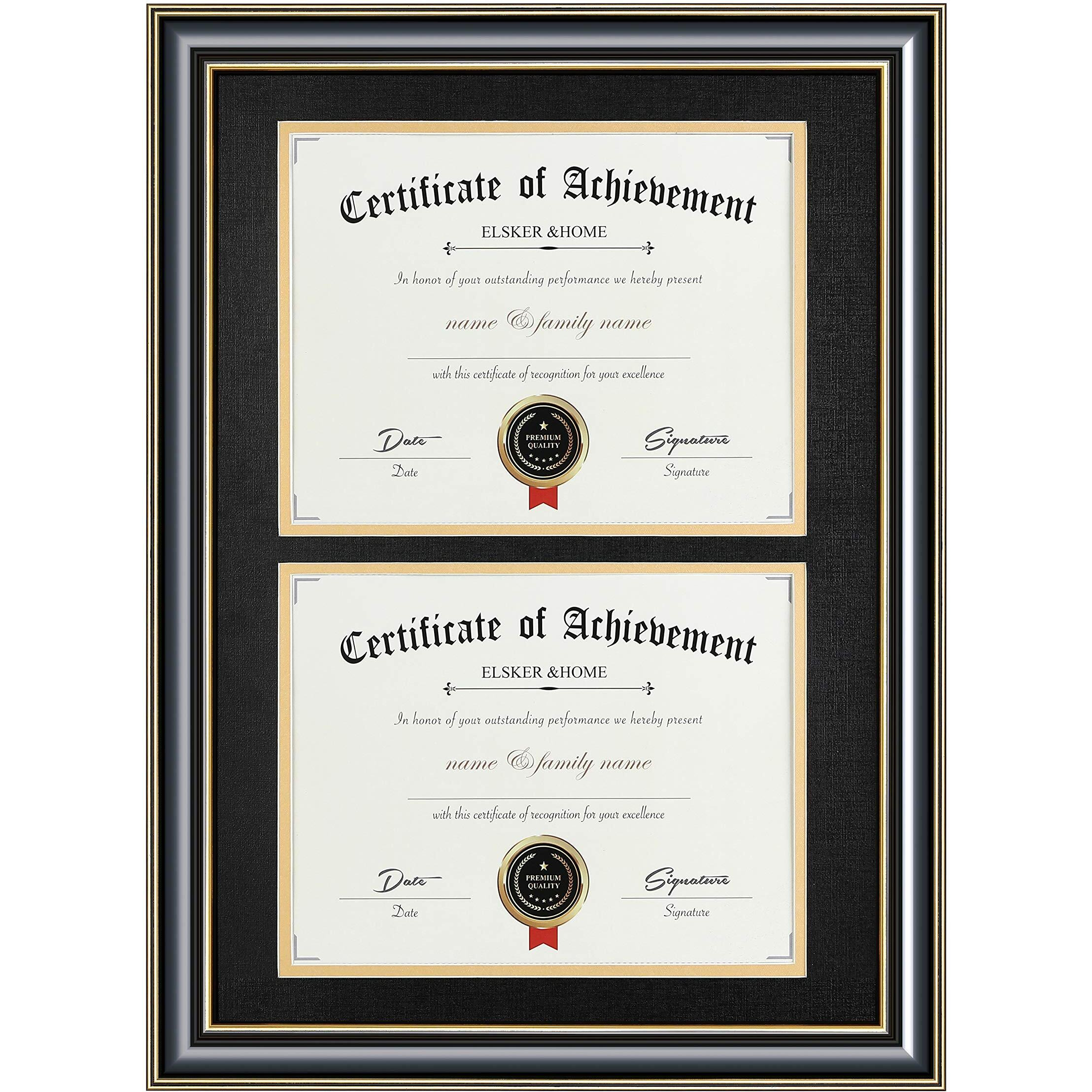 Elsker&Home Wood Picture Frame  16.73X22.64In  Double Mat Black Mat With Golden Rim  Document Frame For 2 8.5X11In Certificates  Diploma  Wall Mount