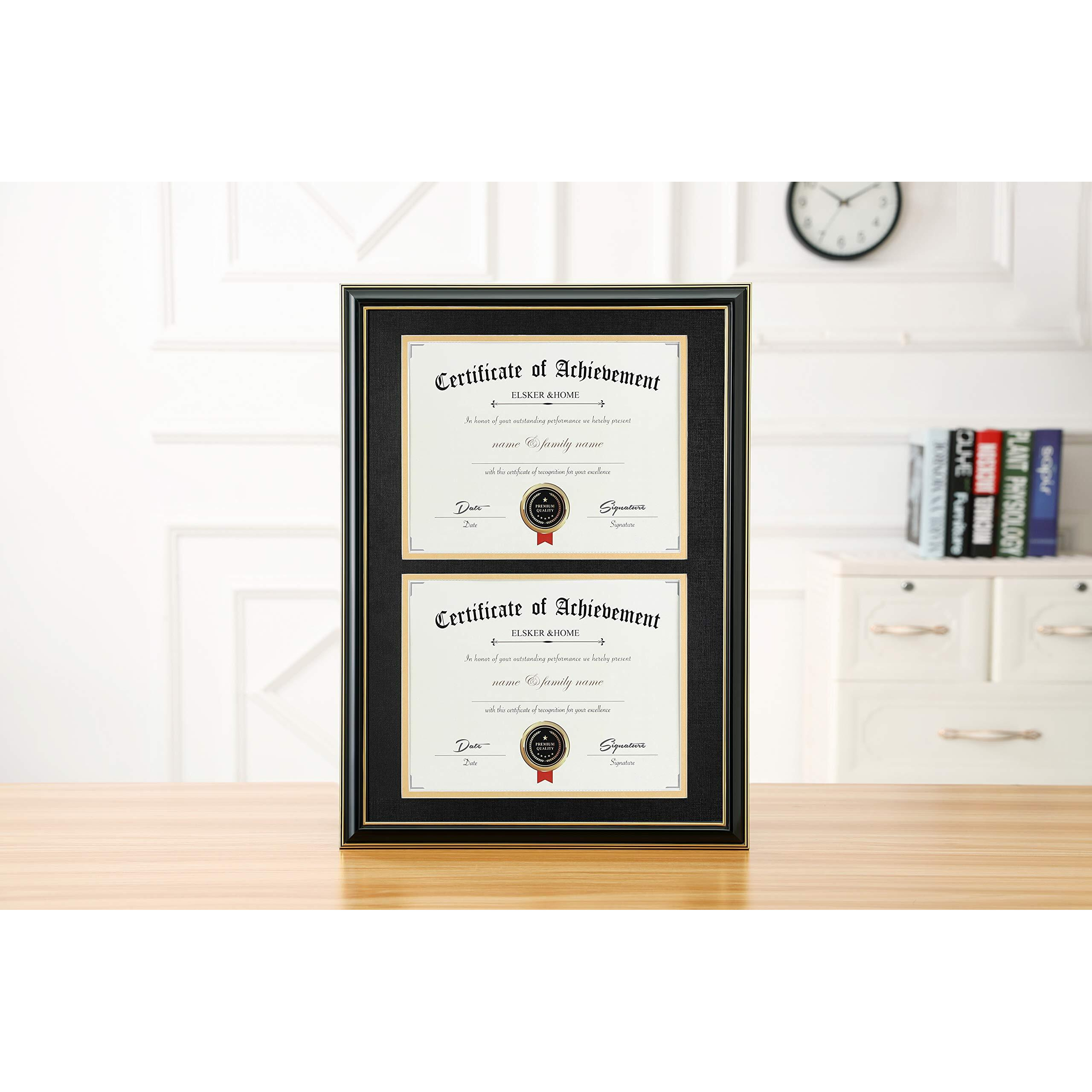 Elsker&Home Wood Picture Frame  16.73X22.64In  Double Mat Black Mat With Golden Rim  Document Frame For 2 8.5X11In Certificates  Diploma  Wall Mount